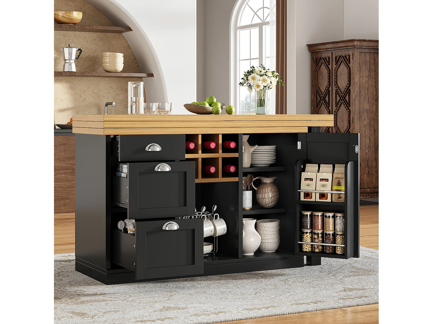 Table de bar extensible et pivotante avec casier à vin, 3 tiroirs et 1 porte - MDF - 120-197 x 40 x 74 cm - Noir + naturel