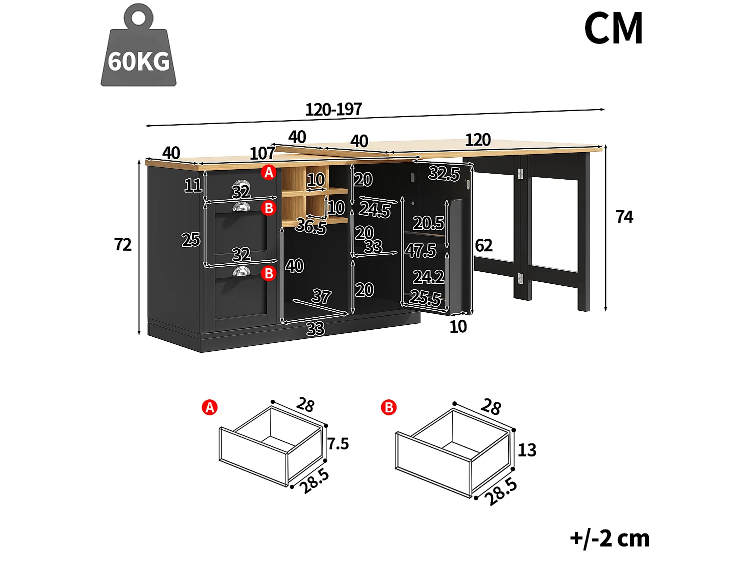 Table de bar extensible et pivotante avec casier à vin, 3 tiroirs et 1 porte - MDF - 120-197 x 40 x 74 cm - Noir + naturel