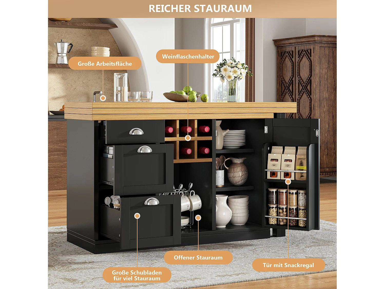 Table de bar extensible et pivotante avec casier à vin, 3 tiroirs et 1 porte - MDF - 120-197 x 40 x 74 cm - Noir + naturel