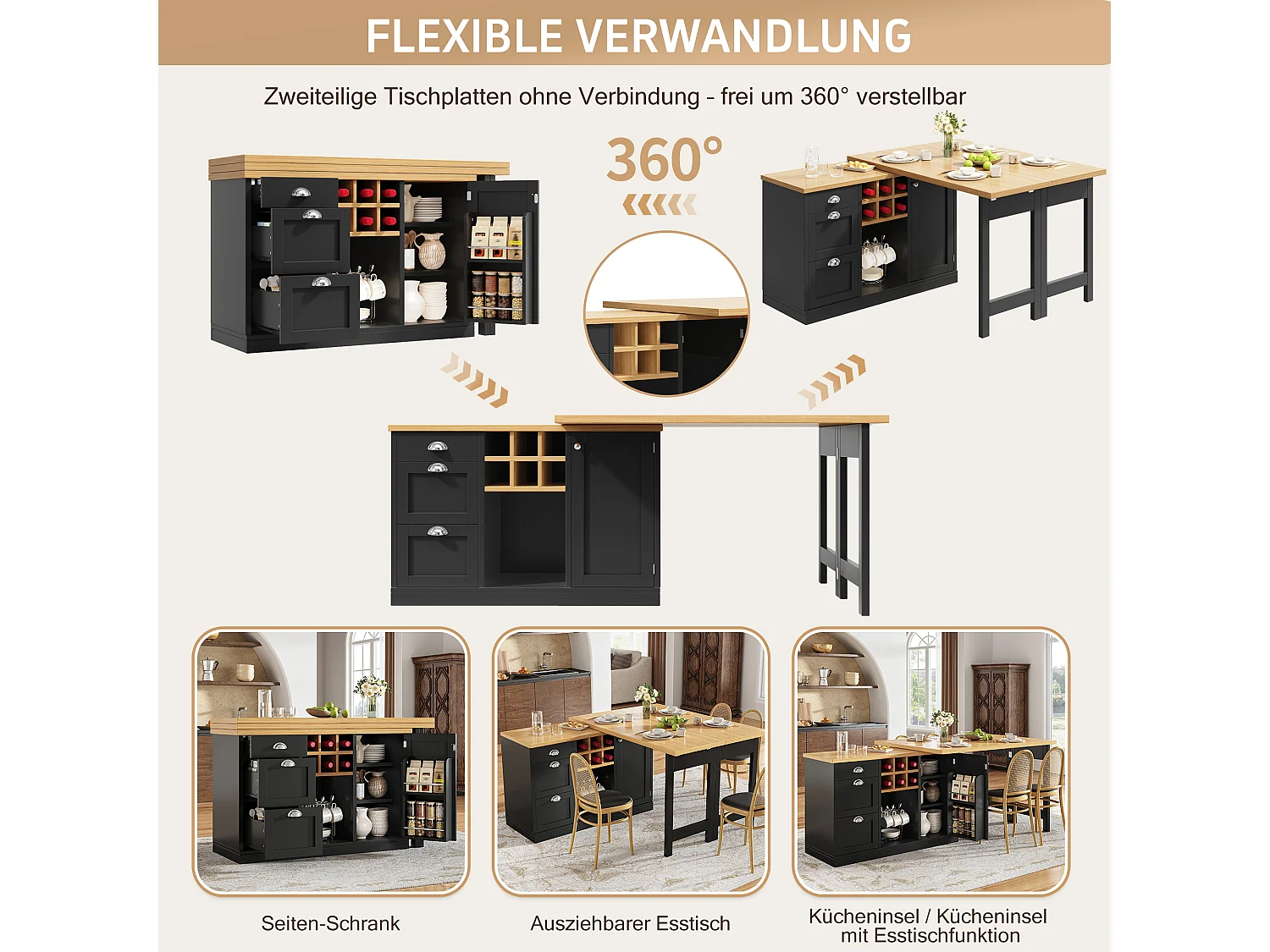 Table de bar extensible et pivotante avec casier à vin, 3 tiroirs et 1 porte - MDF - 120-197 x 40 x 74 cm - Noir + naturel