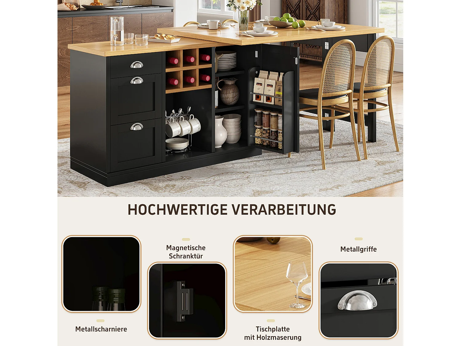 Table de bar extensible et pivotante avec casier à vin, 3 tiroirs et 1 porte - MDF - 120-197 x 40 x 74 cm - Noir + naturel