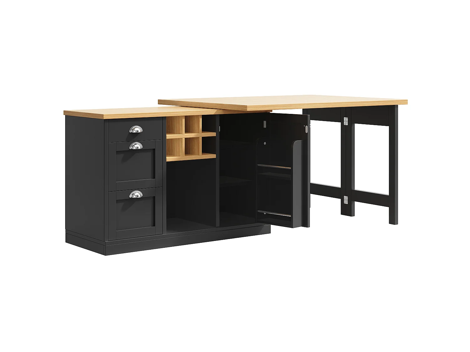 Table de bar extensible et pivotante avec casier à vin, 3 tiroirs et 1 porte - MDF - 120-197 x 40 x 74 cm - Noir + naturel