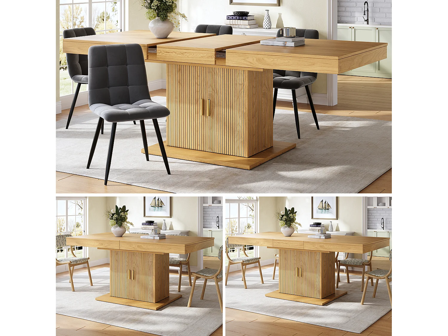 Table à manger extensible avec 2 portes à rainures verticales - MDF et métal - 140/180 x 90 x 75,2 cm - Chêne clair
