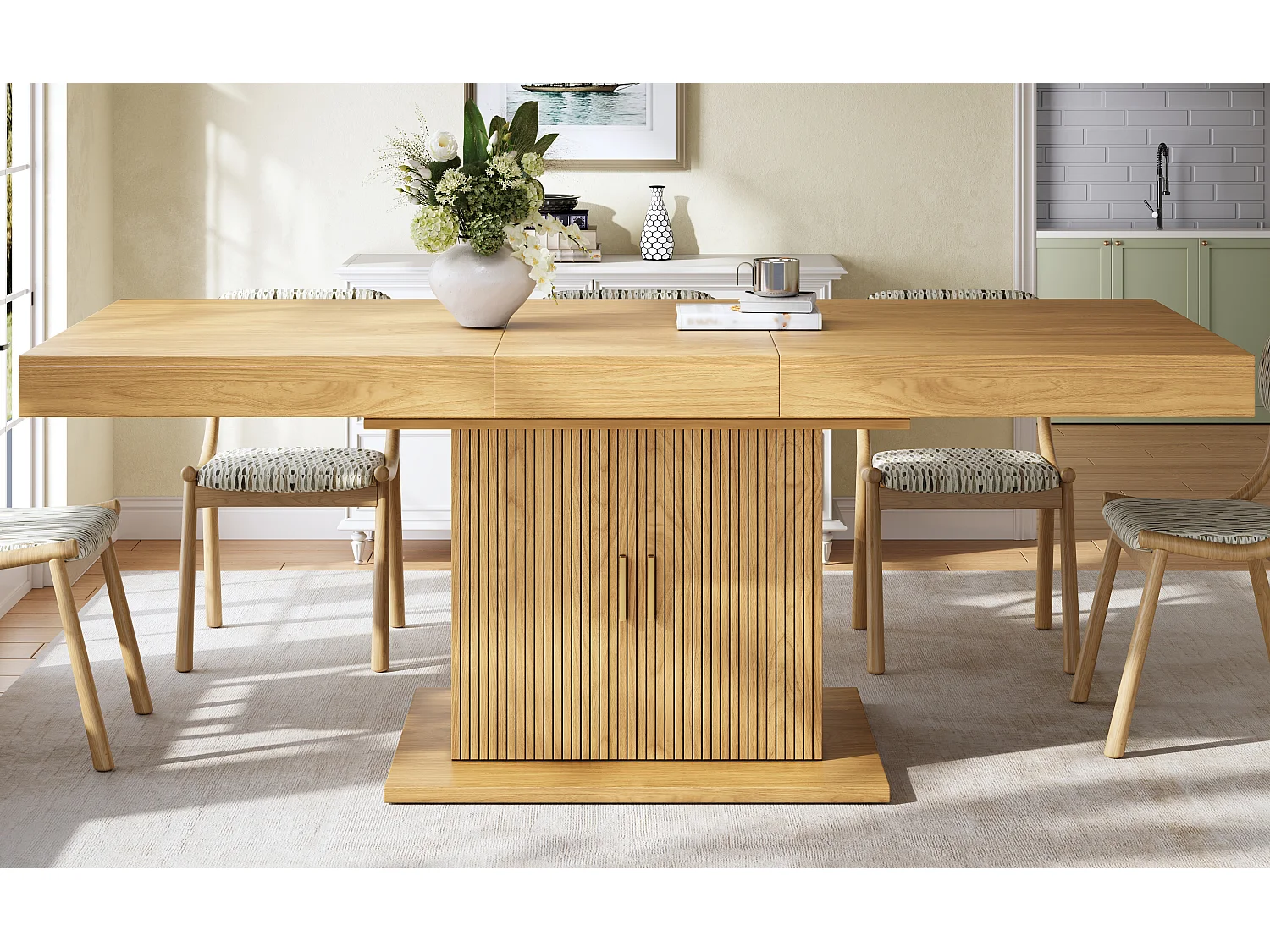 Table à manger extensible avec 2 portes à rainures verticales - MDF et métal - 140/180 x 90 x 75,2 cm - Chêne clair