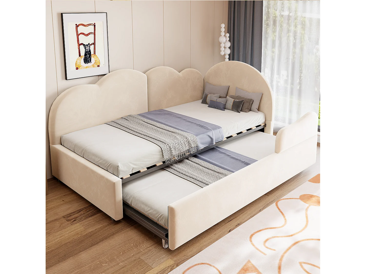 Utdragssäng 90 x 200 + 90 x 190 cm med huvudgavel i molnmönster - Sammet + MDF - Beige (Madrass ingår ej)