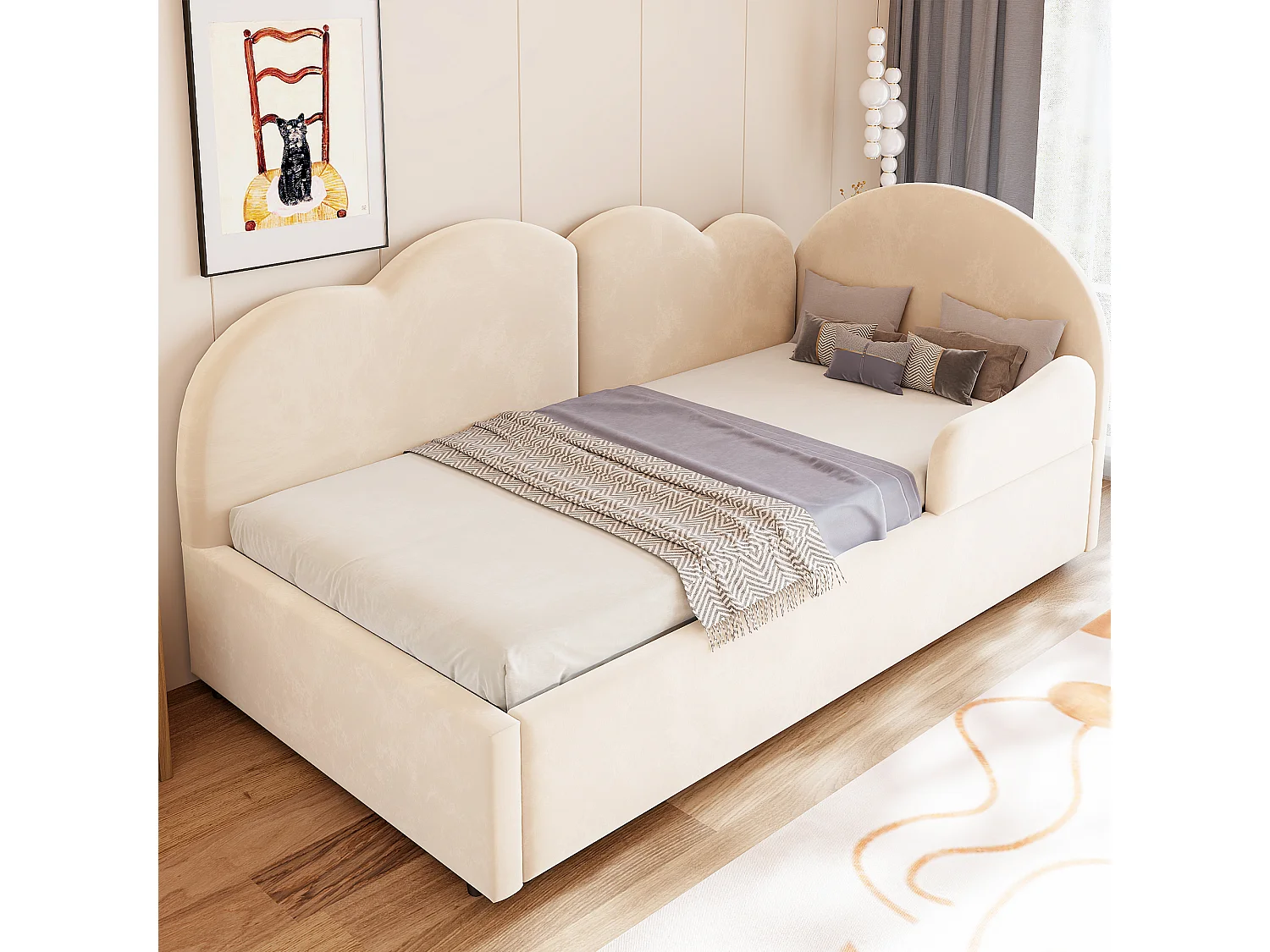 Utdragssäng 90 x 200 + 90 x 190 cm med huvudgavel i molnmönster - Sammet + MDF - Beige (Madrass ingår ej)