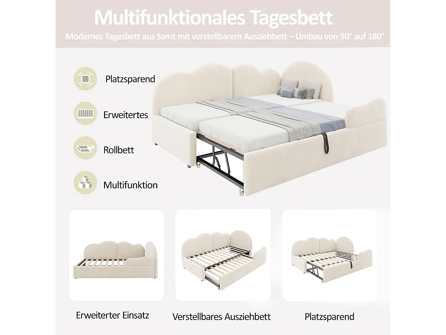 Utdragssäng 90 x 200 + 90 x 190 cm med huvudgavel i molnmönster - Sammet + MDF - Beige (Madrass ingår ej)