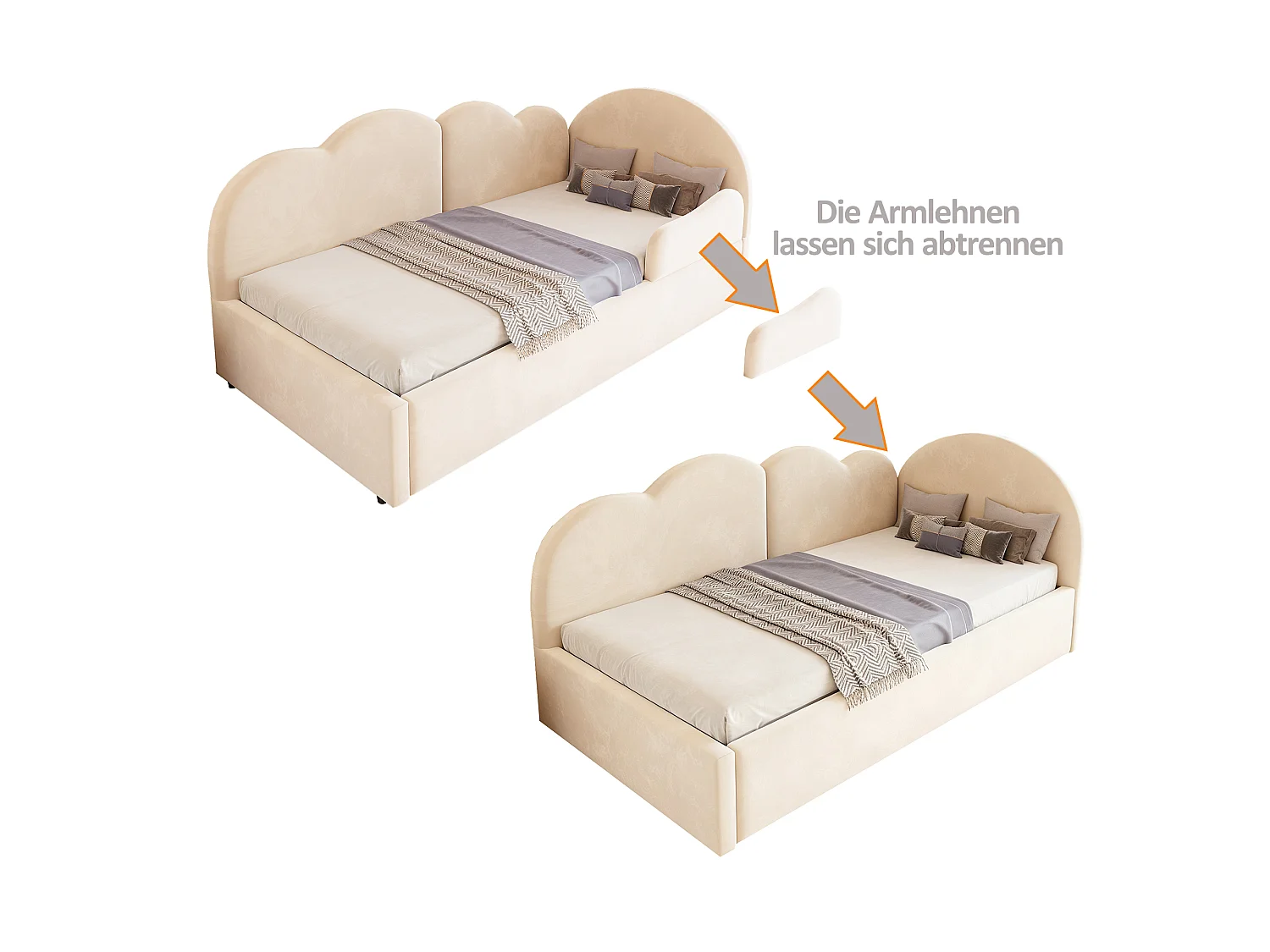 Utdragssäng 90 x 200 + 90 x 190 cm med huvudgavel i molnmönster - Sammet + MDF - Beige (Madrass ingår ej)