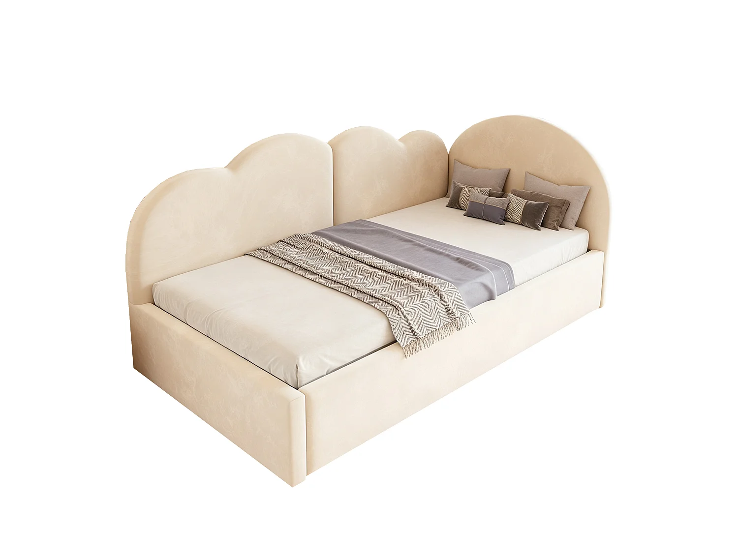 Utdragssäng 90 x 200 + 90 x 190 cm med huvudgavel i molnmönster - Sammet + MDF - Beige (Madrass ingår ej)