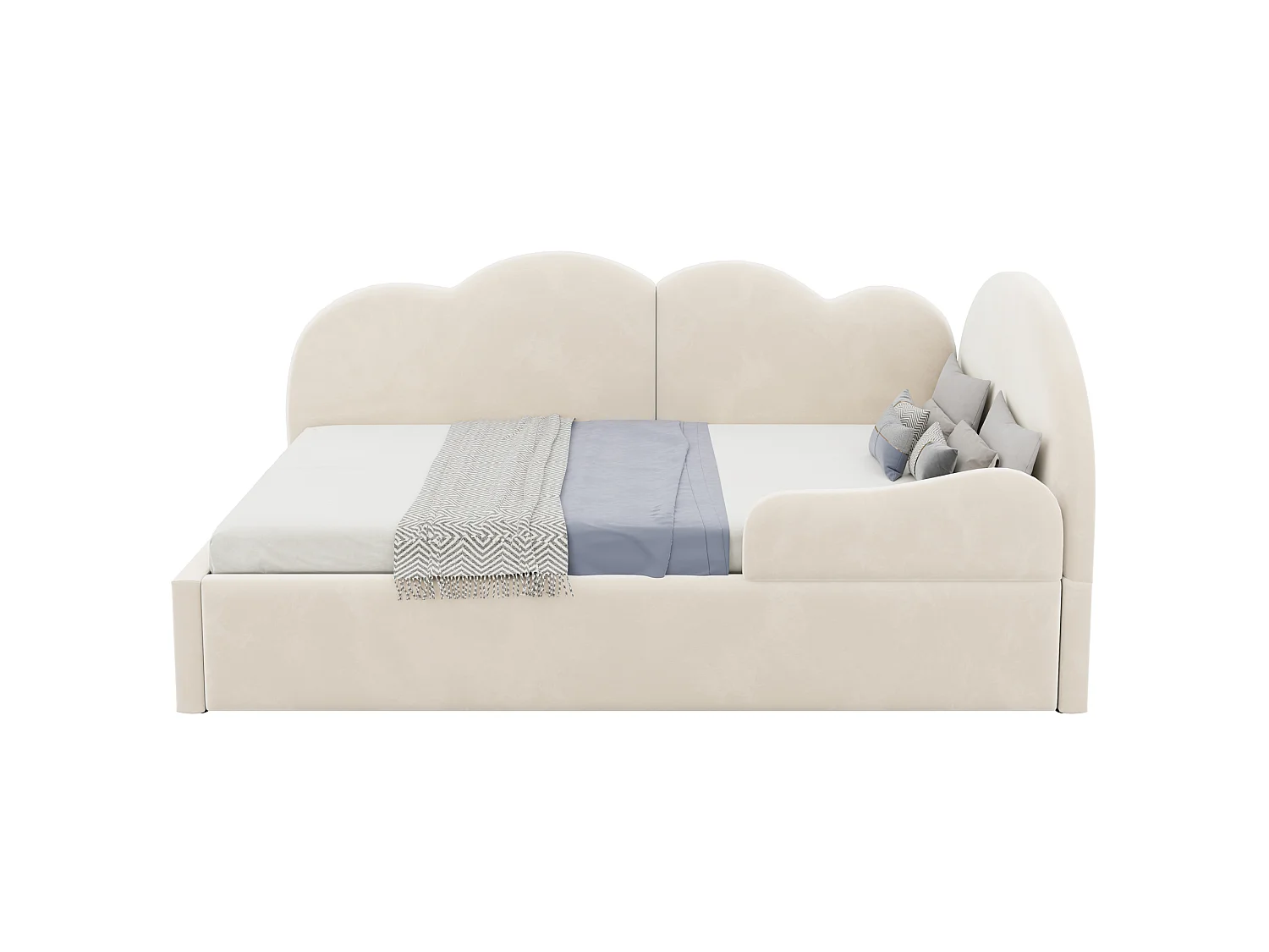 Utdragssäng 90 x 200 + 90 x 190 cm med huvudgavel i molnmönster - Sammet + MDF - Beige (Madrass ingår ej)