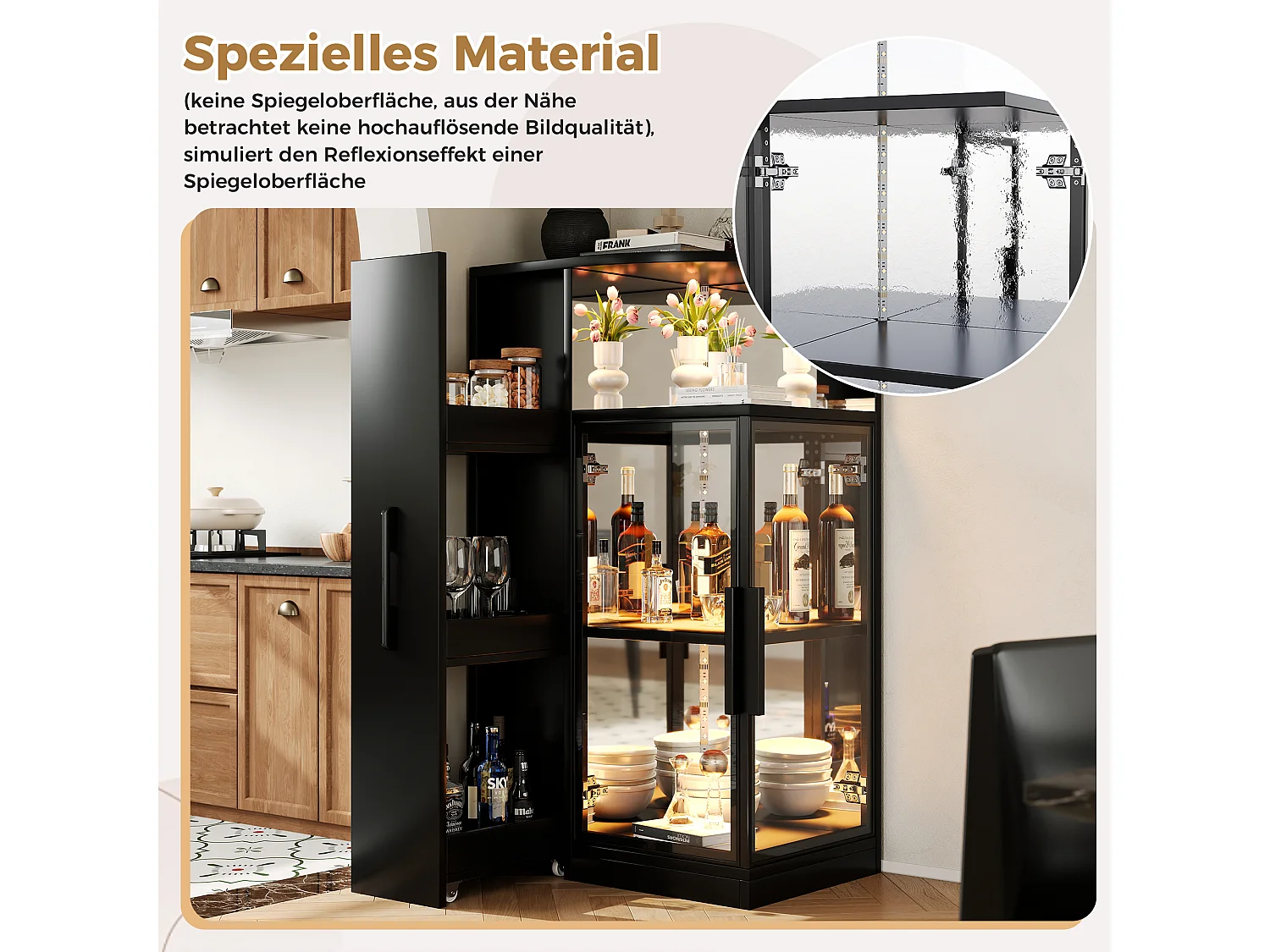 Vitrine mit LED-Beleuchtung, 1 Tür und Schiebefächern – Gehärtetes Glas und Spanplatte – 64 x 42 x 112 cm – Schwarz