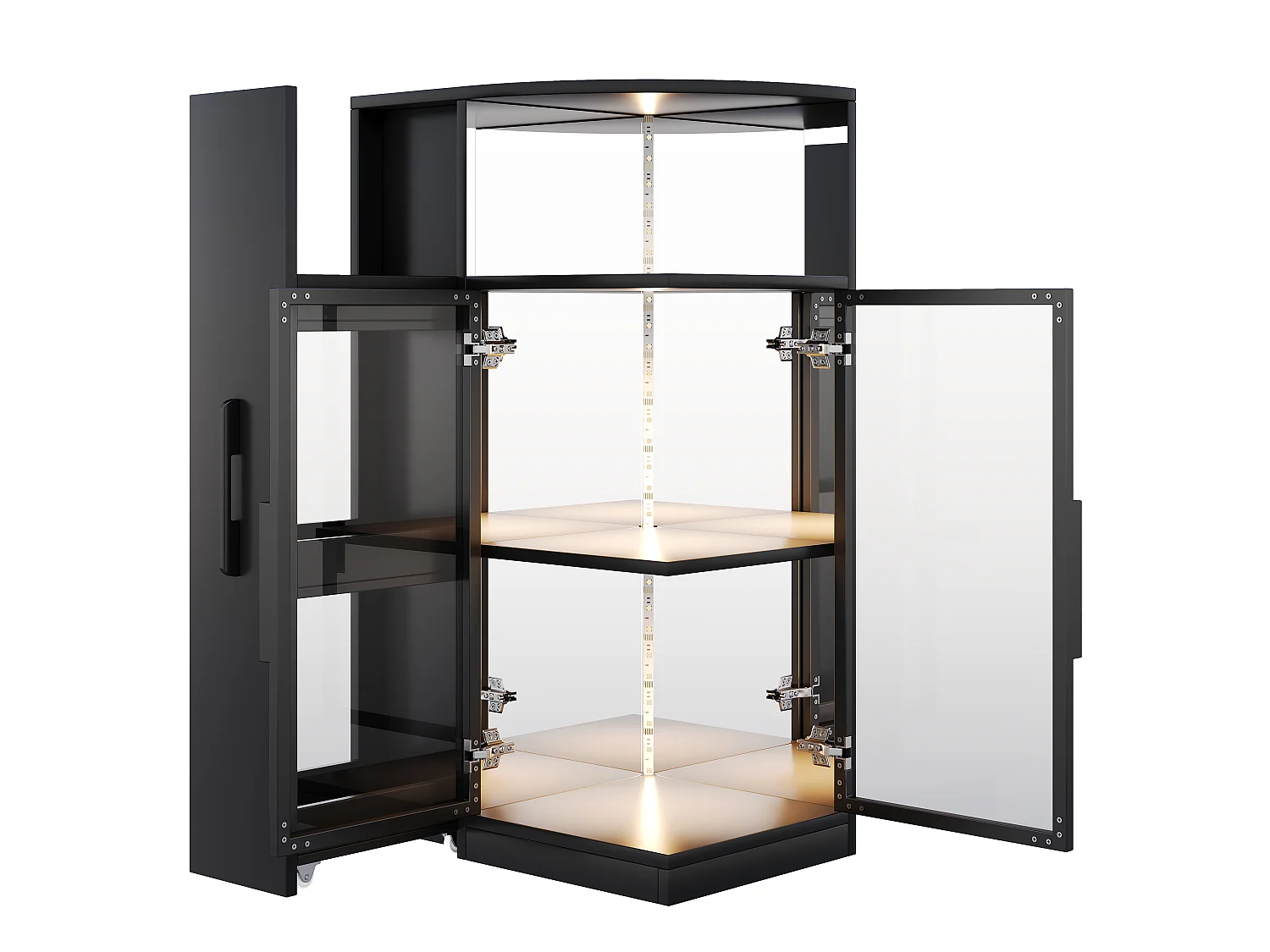 Vitrine mit LED-Beleuchtung, 1 Tür und Schiebefächern – Gehärtetes Glas und Spanplatte – 64 x 42 x 112 cm – Schwarz