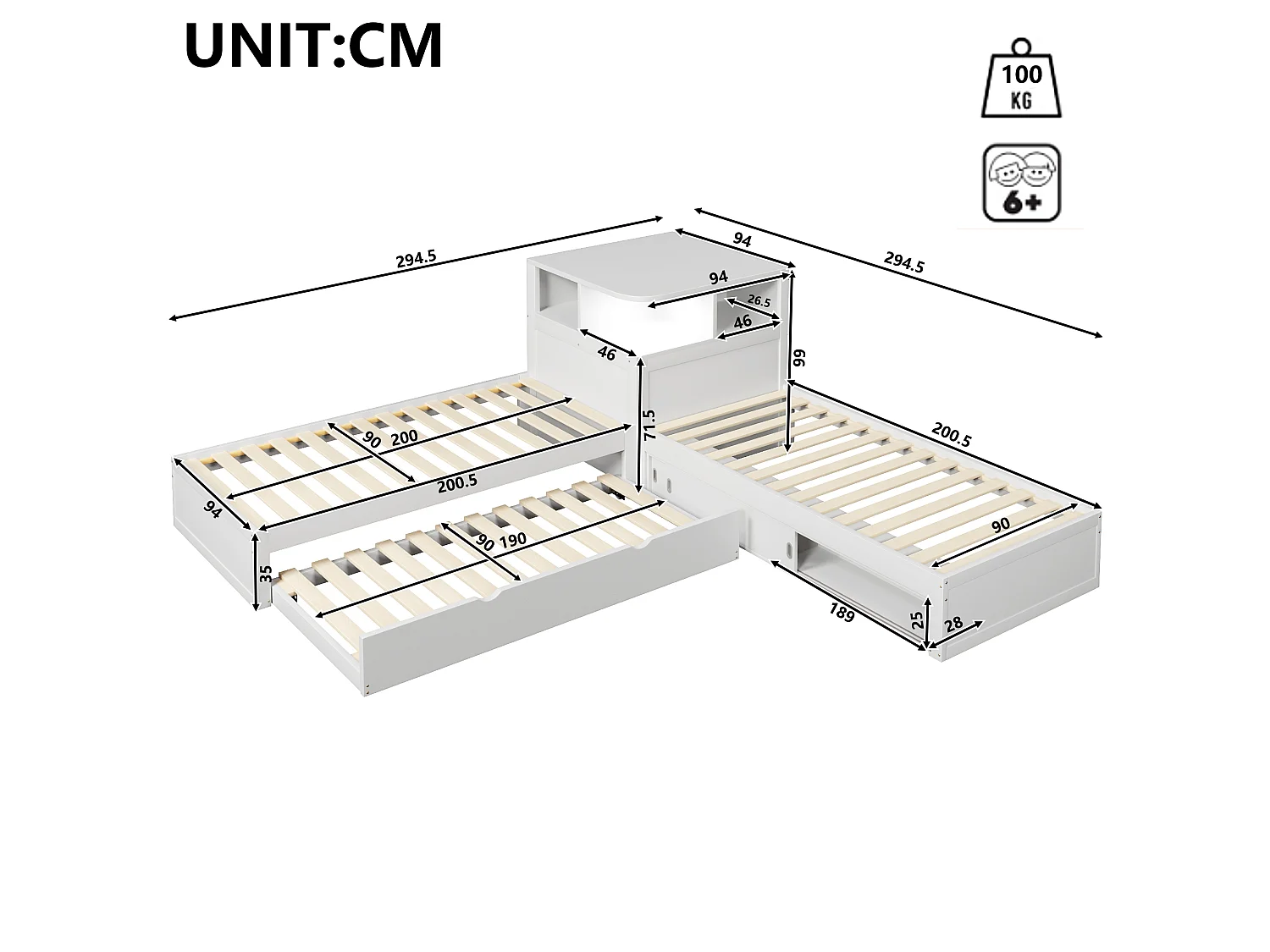 L-formad plattformssäng 90 x 200 cm med utdragbar säng och förvaring med skjutdörrar - MDF + furu - Vit (Madrass ingår ej)
