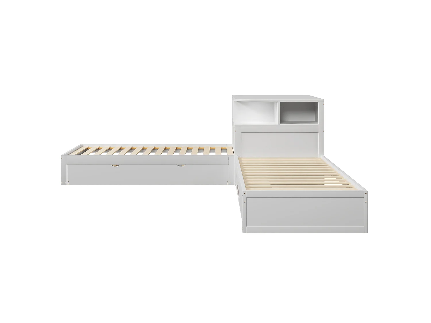L-formad plattformssäng 90 x 200 cm med utdragbar säng och förvaring med skjutdörrar - MDF + furu - Vit (Madrass ingår ej)