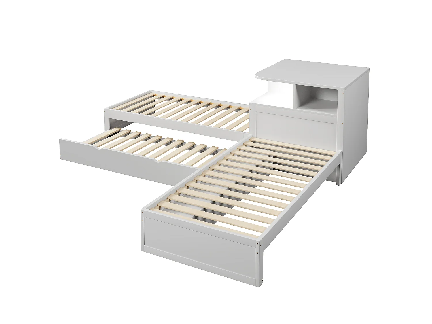 L-formad plattformssäng 90 x 200 cm med utdragbar säng och förvaring med skjutdörrar - MDF + furu - Vit (Madrass ingår ej)