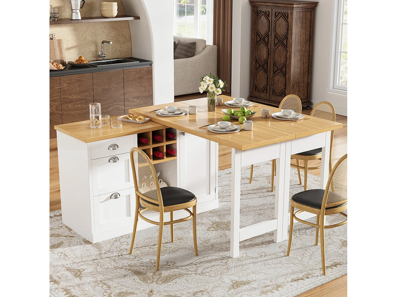 Table de bar extensible et pivotante avec casier à vin, 3 tiroirs et 1 porte - MDF - 120-197 x 40 x 74 cm - Blanc + naturel
