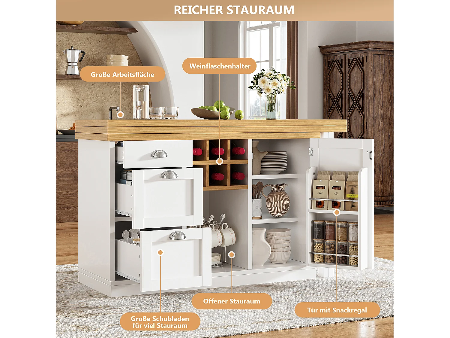 Table de bar extensible et pivotante avec casier à vin, 3 tiroirs et 1 porte - MDF - 120-197 x 40 x 74 cm - Blanc + naturel