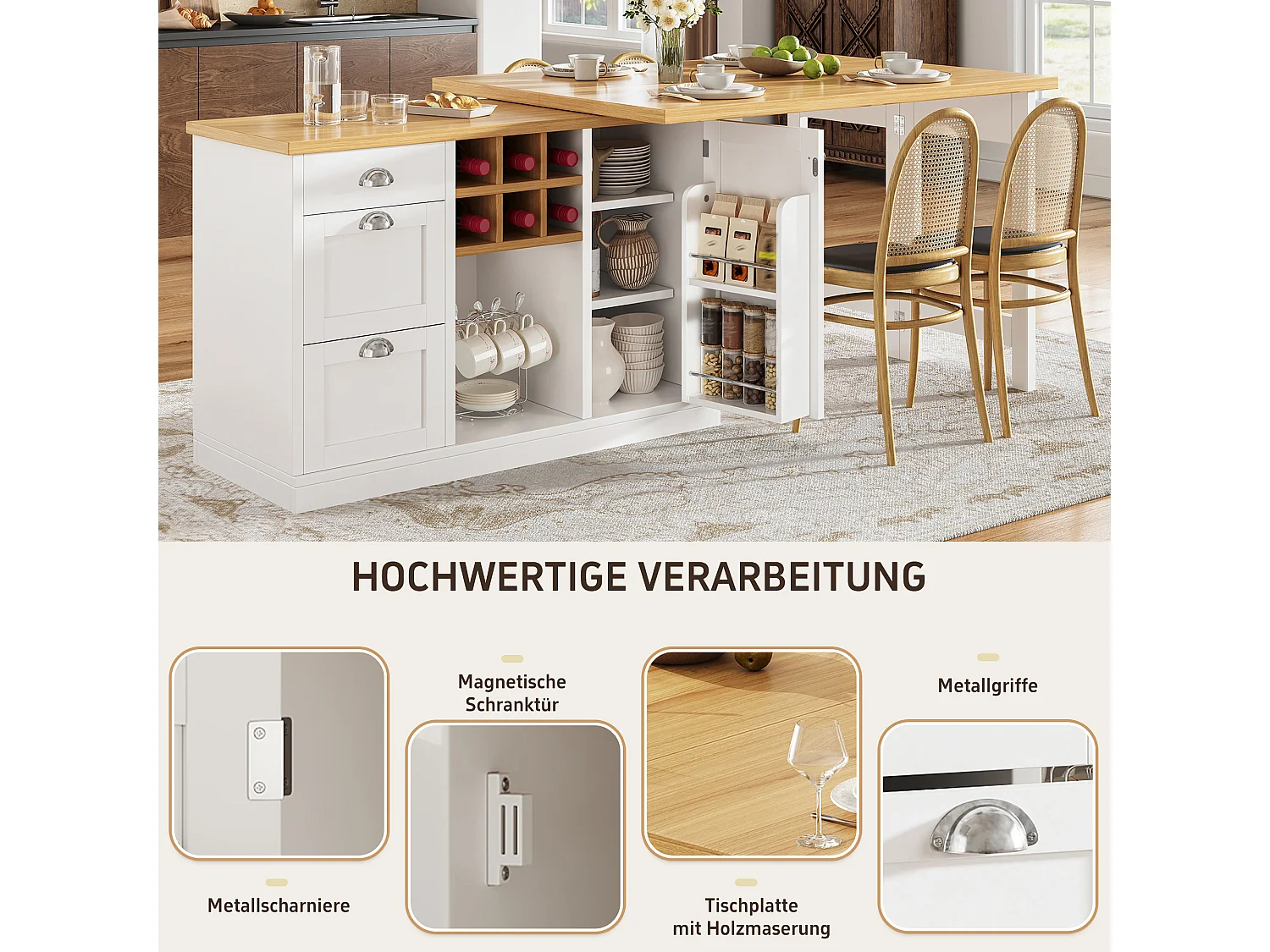 Table de bar extensible et pivotante avec casier à vin, 3 tiroirs et 1 porte - MDF - 120-197 x 40 x 74 cm - Blanc + naturel