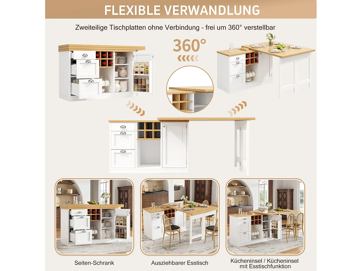 Table de bar extensible et pivotante avec casier à vin, 3 tiroirs et 1 porte - MDF - 120-197 x 40 x 74 cm - Blanc + naturel