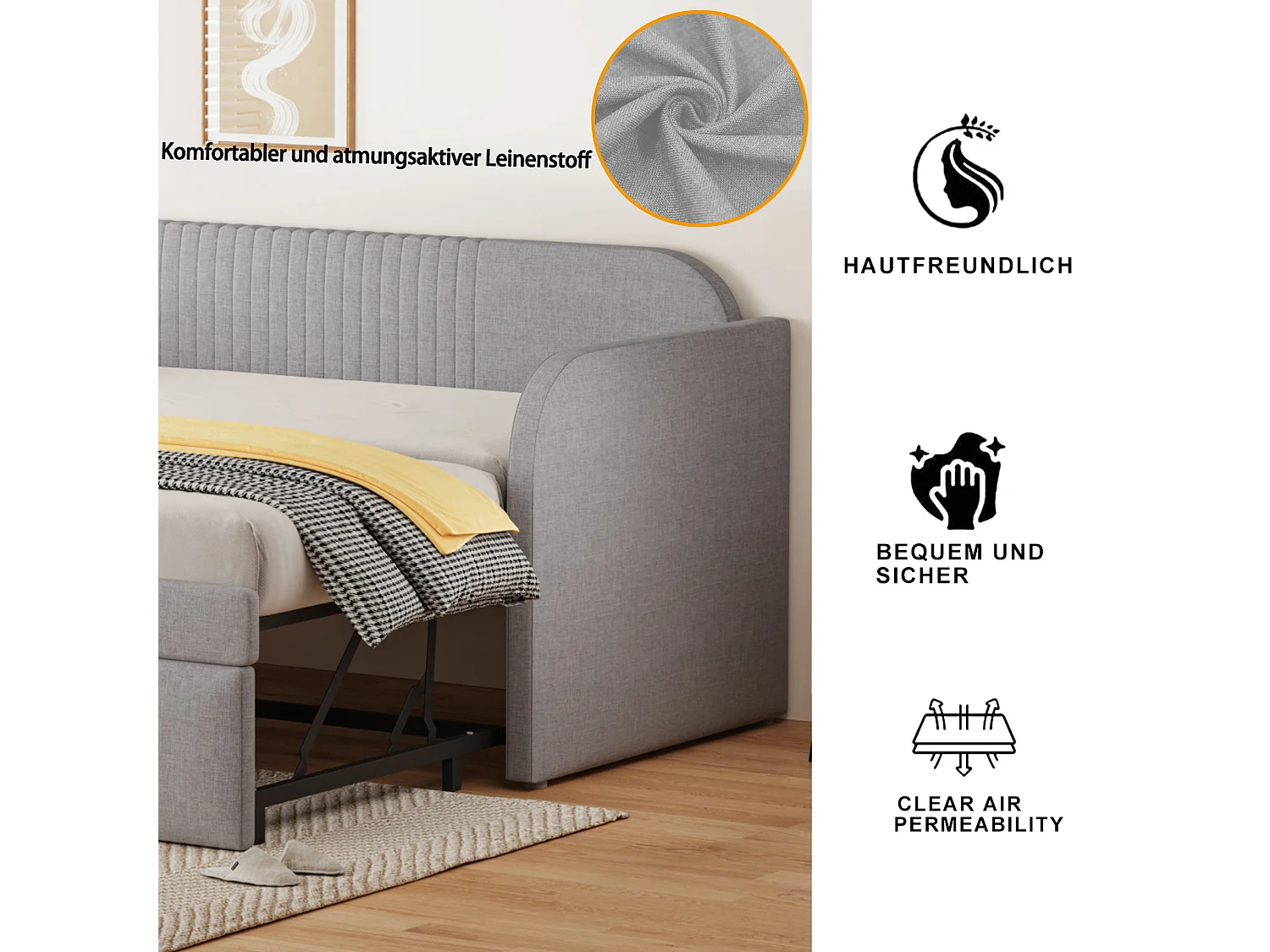 Uitschuifbed 90/180 x 190 cm met verticale strepen in de bekleding - Linnen - Lichtgrijs (Matras niet inbegrepen)