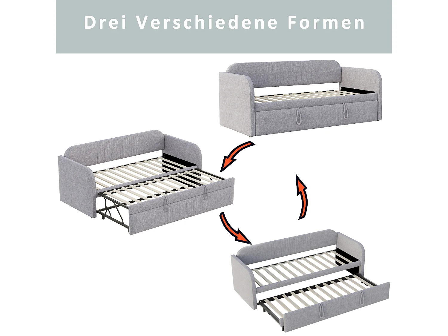 Uitschuifbed 90/180 x 190 cm met verticale strepen in de bekleding - Linnen - Lichtgrijs (Matras niet inbegrepen)