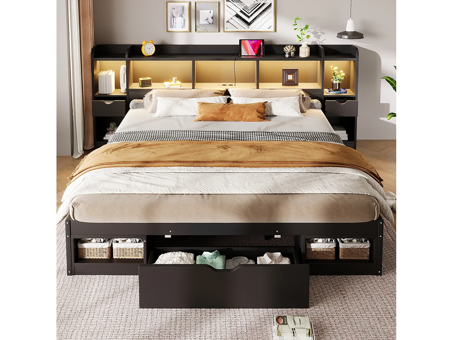 Łóżko 180 x 200 cm z zagłówkiem, 3 szufladami, oświetleniem LED i portem USB - MDF + sklejka - czarne (materac nie jest wliczony w cenę)