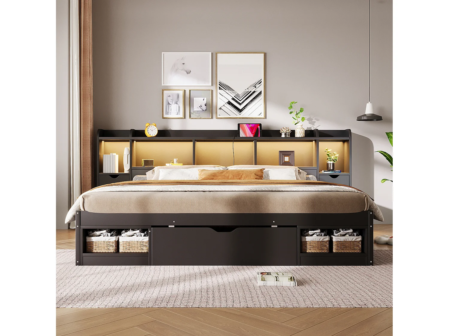 Łóżko 180 x 200 cm z zagłówkiem, 3 szufladami, oświetleniem LED i portem USB - MDF + sklejka - czarne (materac nie jest wliczony w cenę)