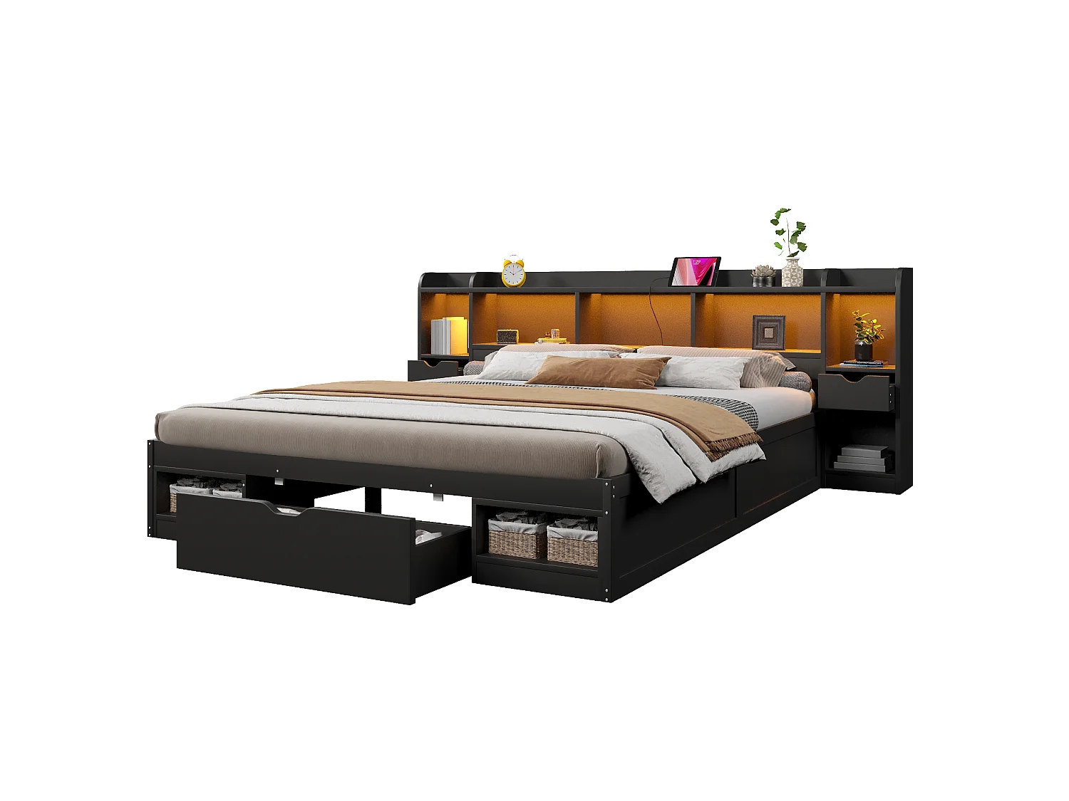 Łóżko 180 x 200 cm z zagłówkiem, 3 szufladami, oświetleniem LED i portem USB - MDF + sklejka - czarne (materac nie jest wliczony w cenę)