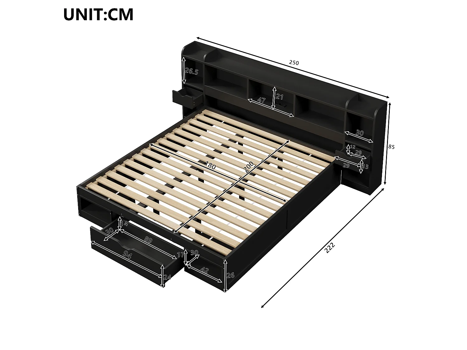 Łóżko 180 x 200 cm z zagłówkiem, 3 szufladami, oświetleniem LED i portem USB - MDF + sklejka - czarne (materac nie jest wliczony w cenę)