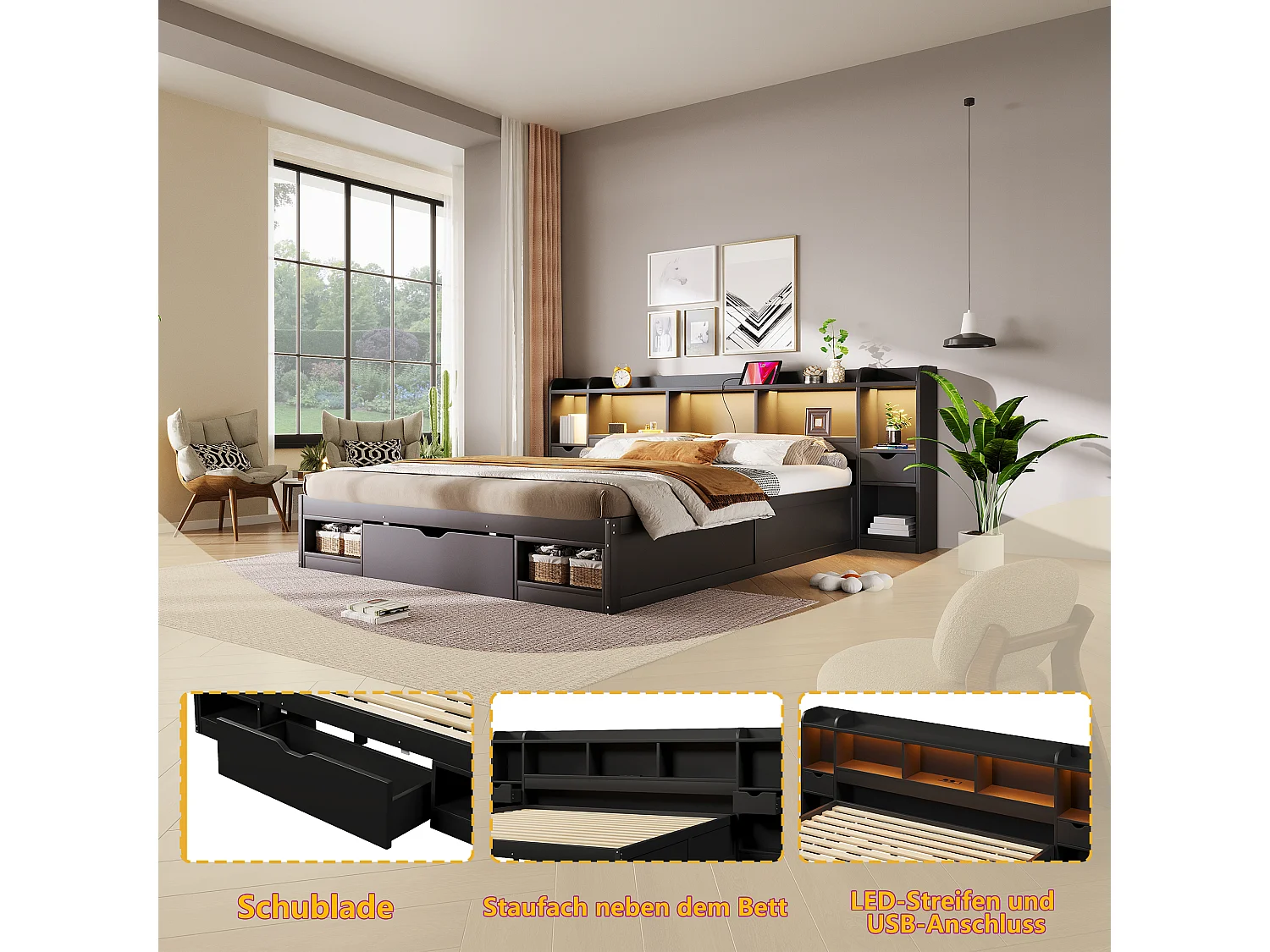 Łóżko 180 x 200 cm z zagłówkiem, 3 szufladami, oświetleniem LED i portem USB - MDF + sklejka - czarne (materac nie jest wliczony w cenę)