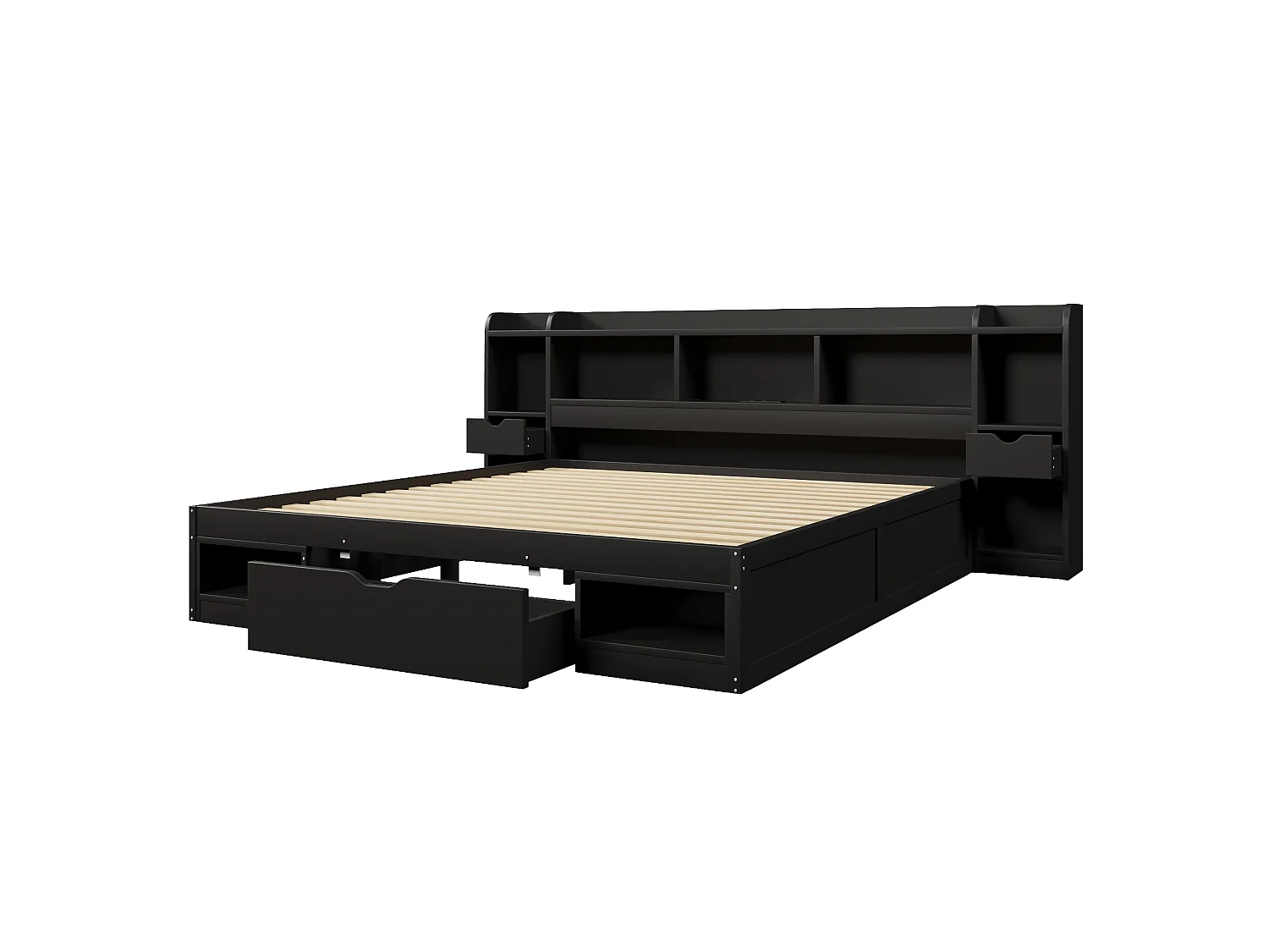 Łóżko 180 x 200 cm z zagłówkiem, 3 szufladami, oświetleniem LED i portem USB - MDF + sklejka - czarne (materac nie jest wliczony w cenę)