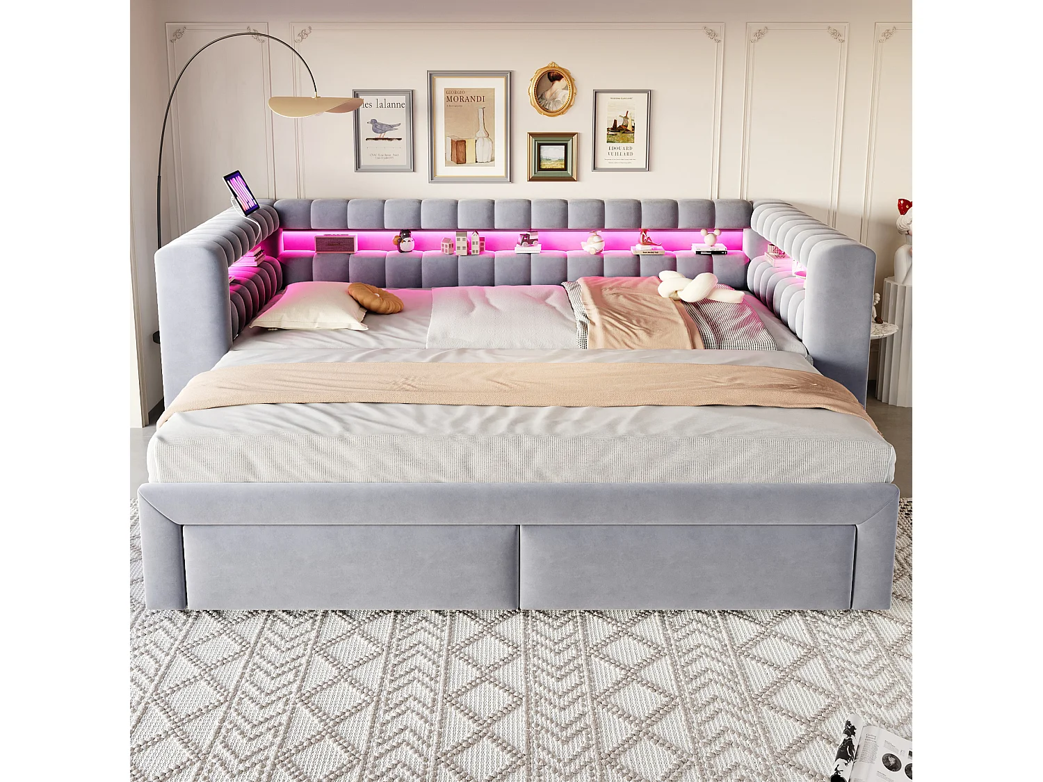Lit gigogne capitonné 90 x 190 cm extensible 180 x 190 cm avec rangement, LED et ports USB - Velours + MDF - Gris clair (Sans matelas)