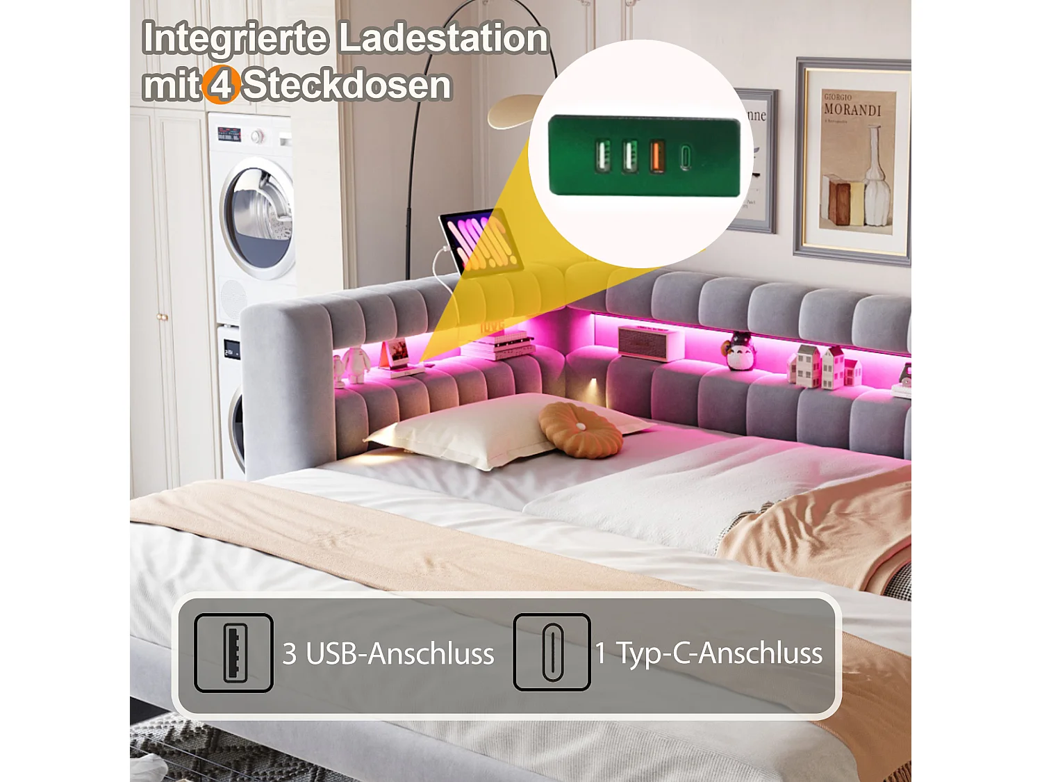 Lit gigogne capitonné 90 x 190 cm extensible 180 x 190 cm avec rangement, LED et ports USB - Velours + MDF - Gris clair (Sans matelas)