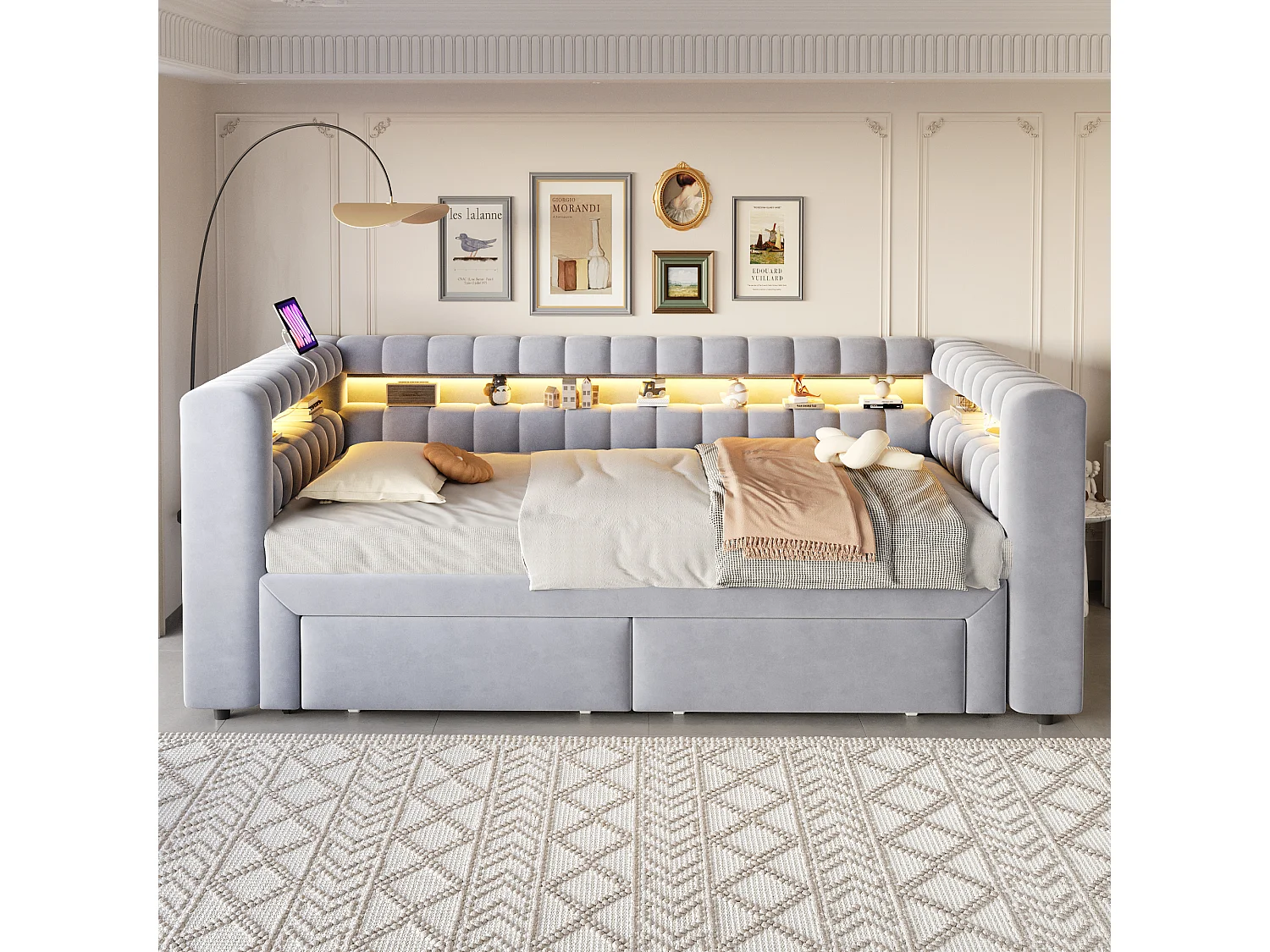 Lit gigogne capitonné 90 x 190 cm extensible 180 x 190 cm avec rangement, LED et ports USB - Velours + MDF - Gris clair (Sans matelas)