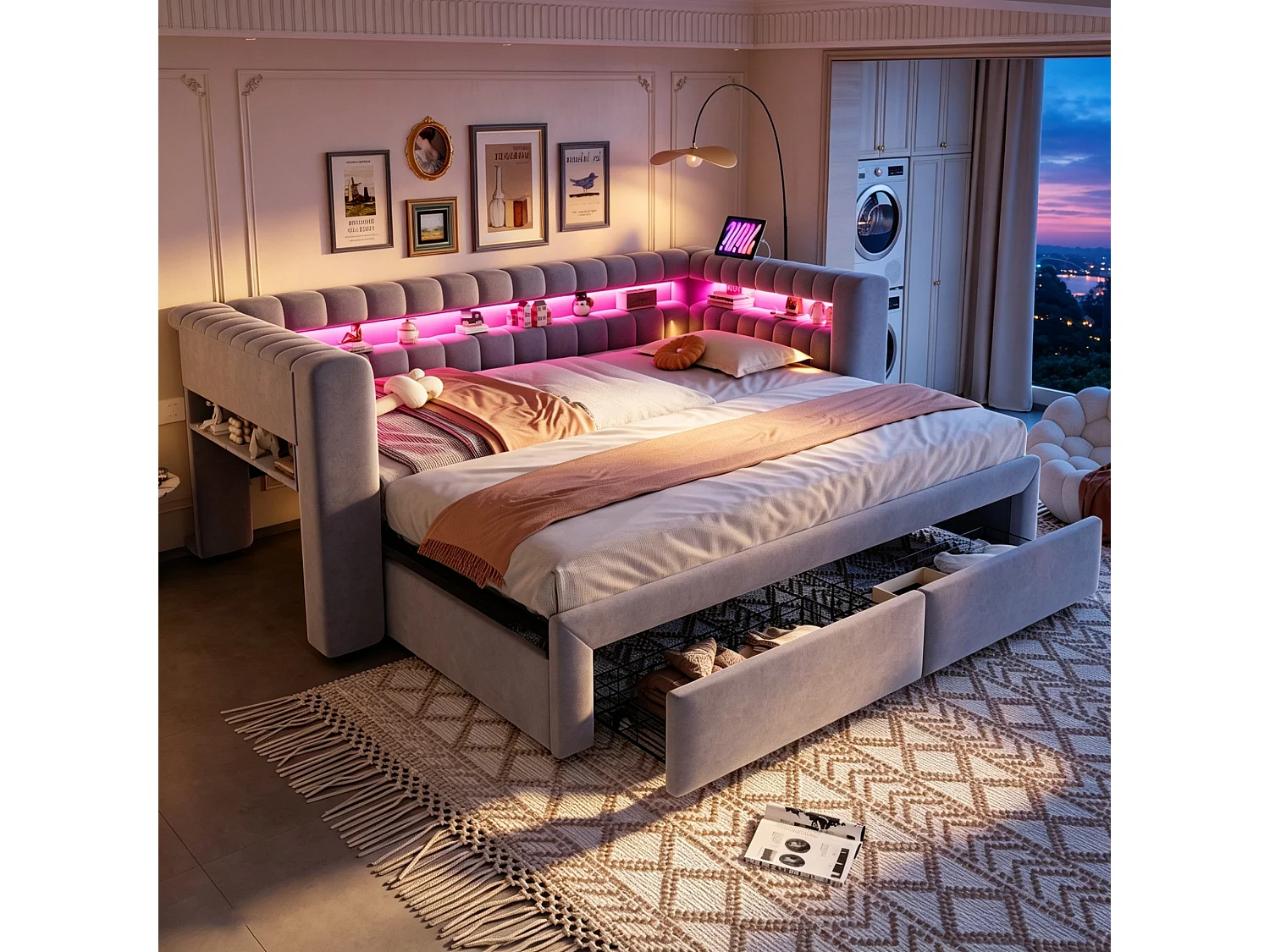 Lit gigogne capitonné 90 x 190 cm extensible 180 x 190 cm avec rangement, LED et ports USB - Velours + MDF - Gris clair (Sans matelas)