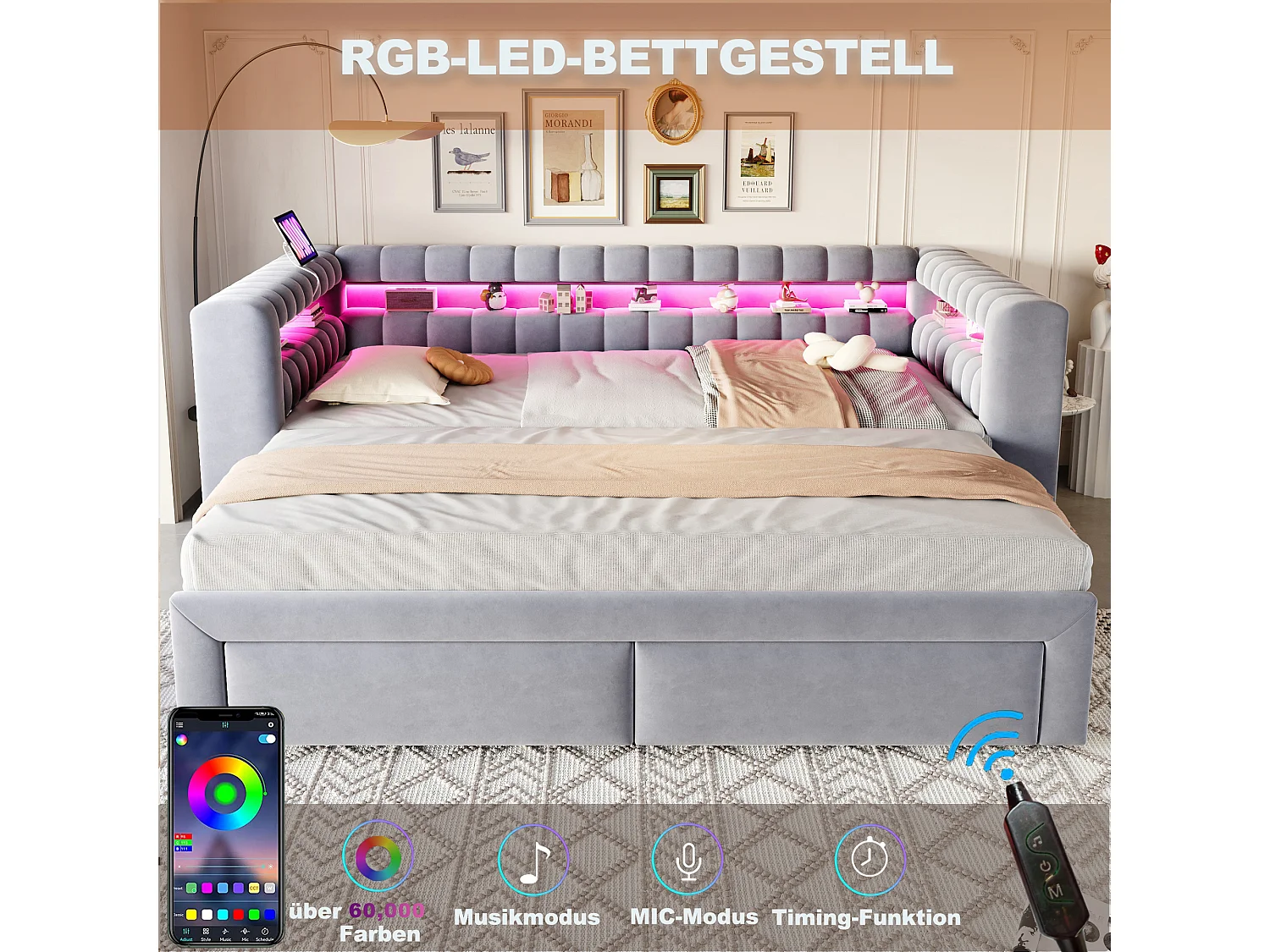 Lit gigogne capitonné 90 x 190 cm extensible 180 x 190 cm avec rangement, LED et ports USB - Velours + MDF - Gris clair (Sans matelas)
