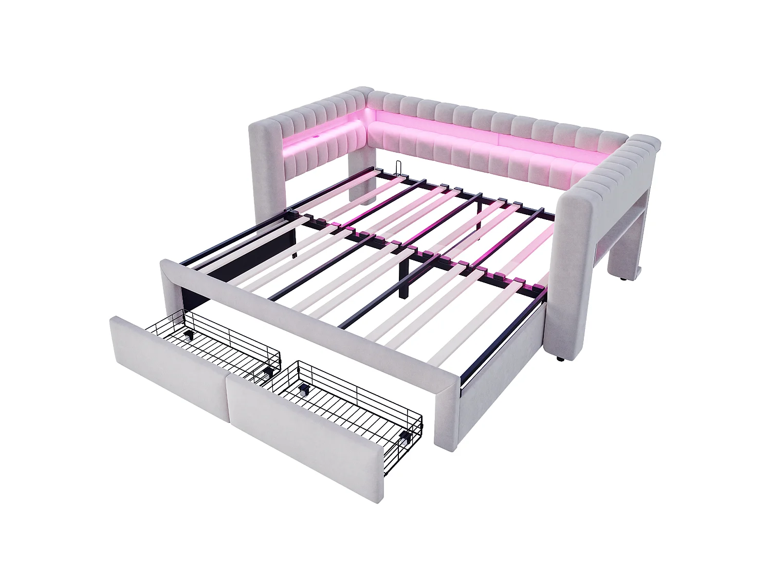 Lit gigogne capitonné 90 x 190 cm extensible 180 x 190 cm avec rangement, LED et ports USB - Velours + MDF - Gris clair (Sans matelas)