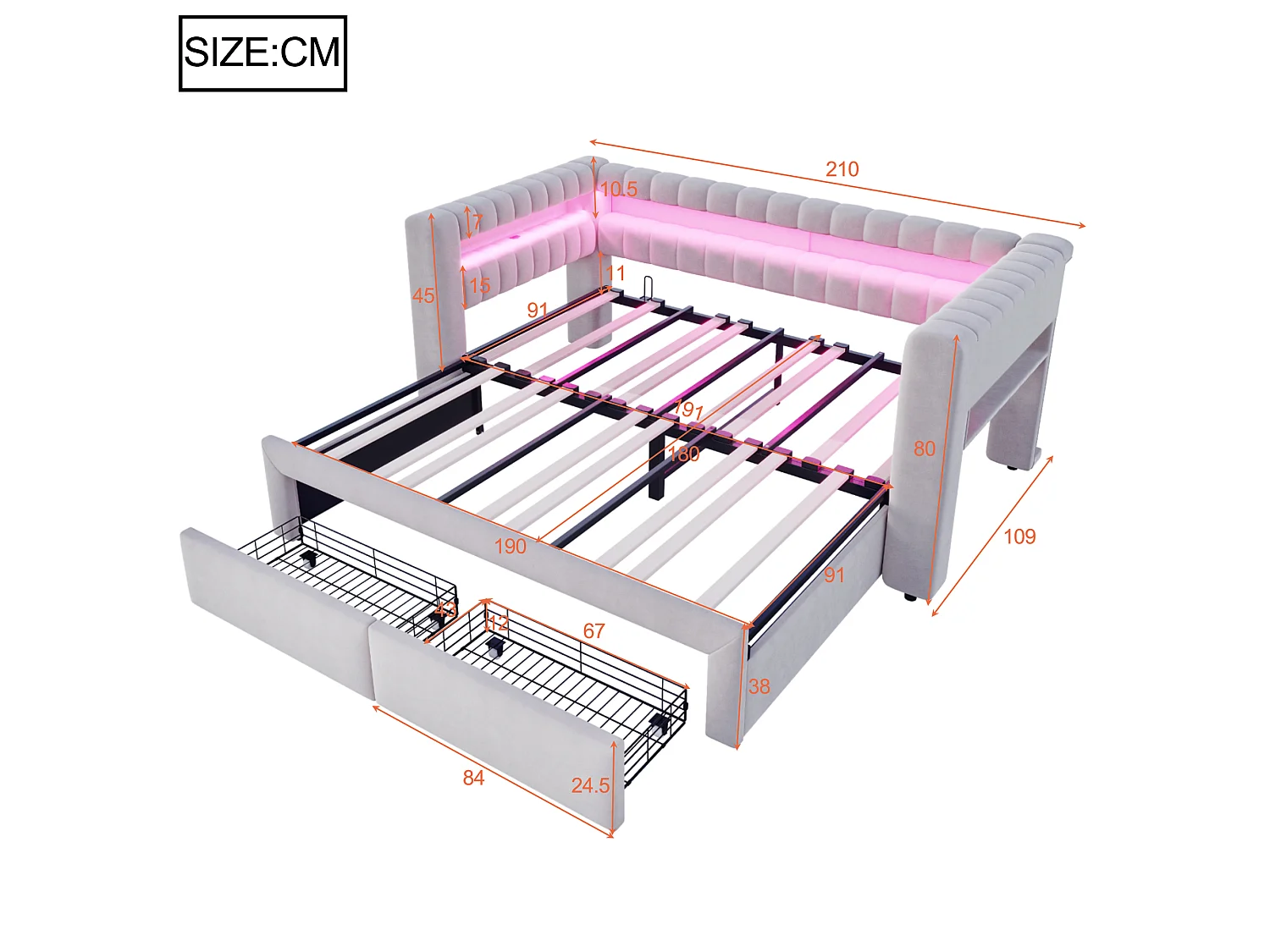 Lit gigogne capitonné 90 x 190 cm extensible 180 x 190 cm avec rangement, LED et ports USB - Velours + MDF - Gris clair (Sans matelas)
