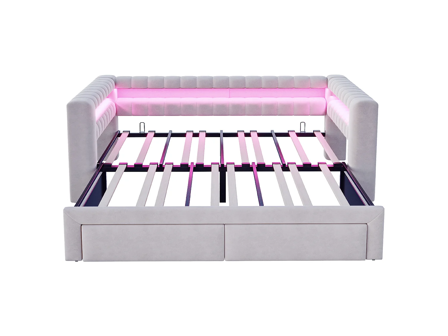 Lit gigogne capitonné 90 x 190 cm extensible 180 x 190 cm avec rangement, LED et ports USB - Velours + MDF - Gris clair (Sans matelas)