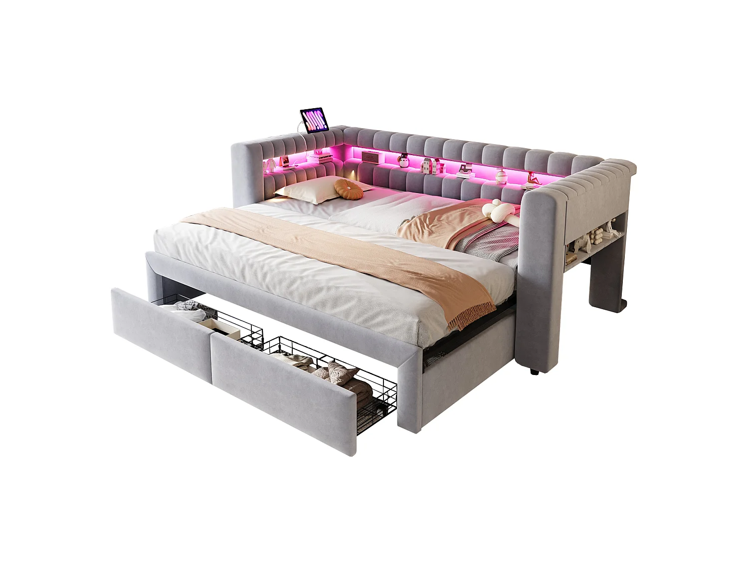 Lit gigogne capitonné 90 x 190 cm extensible 180 x 190 cm avec rangement, LED et ports USB - Velours + MDF - Gris clair (Sans matelas)