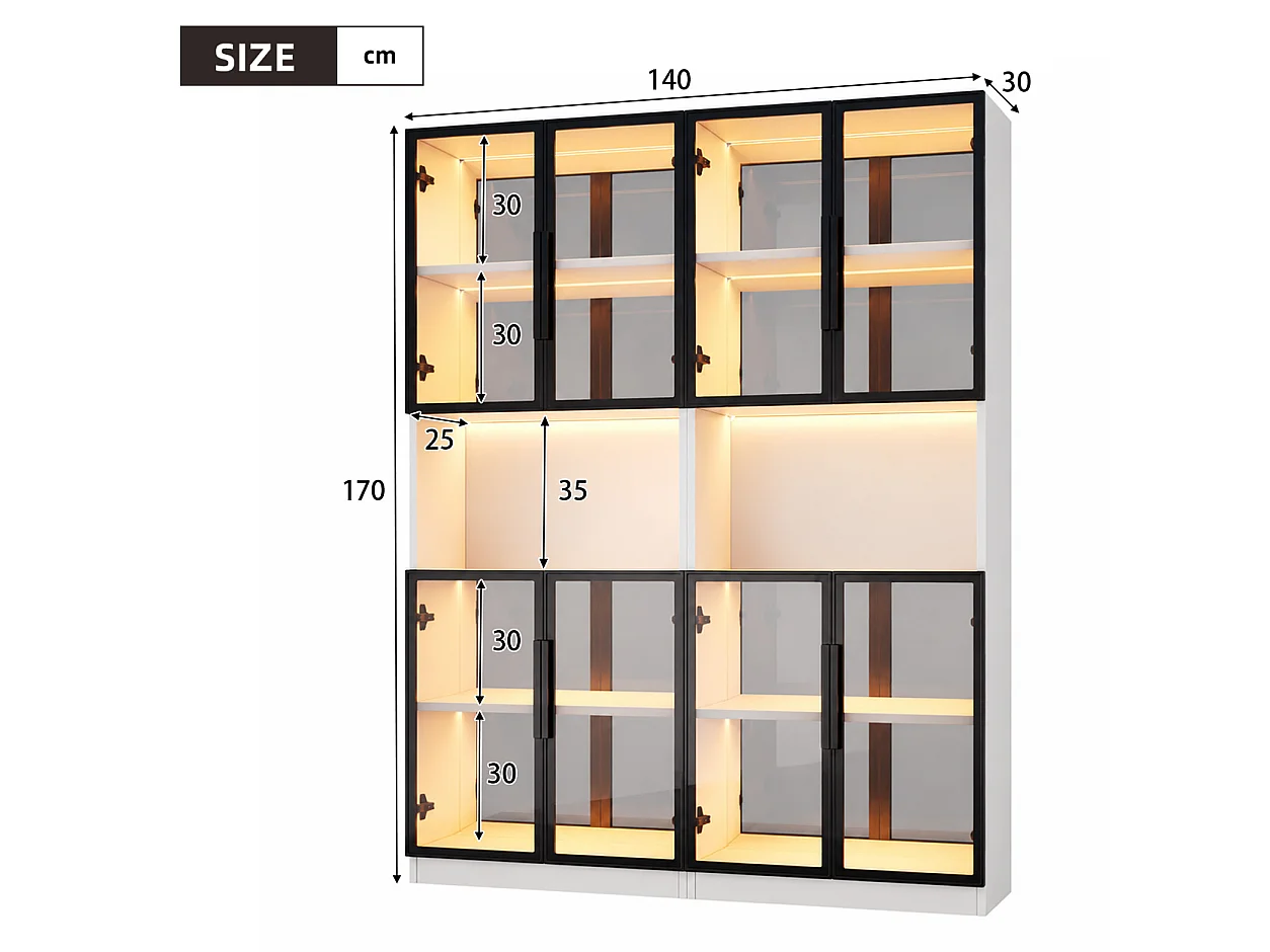 Vetrina con illuminazione a LED, 8 ante in vetro grigio e schienale a specchio - MDF e vetro - 140 x 30 x 170 cm - Bianco