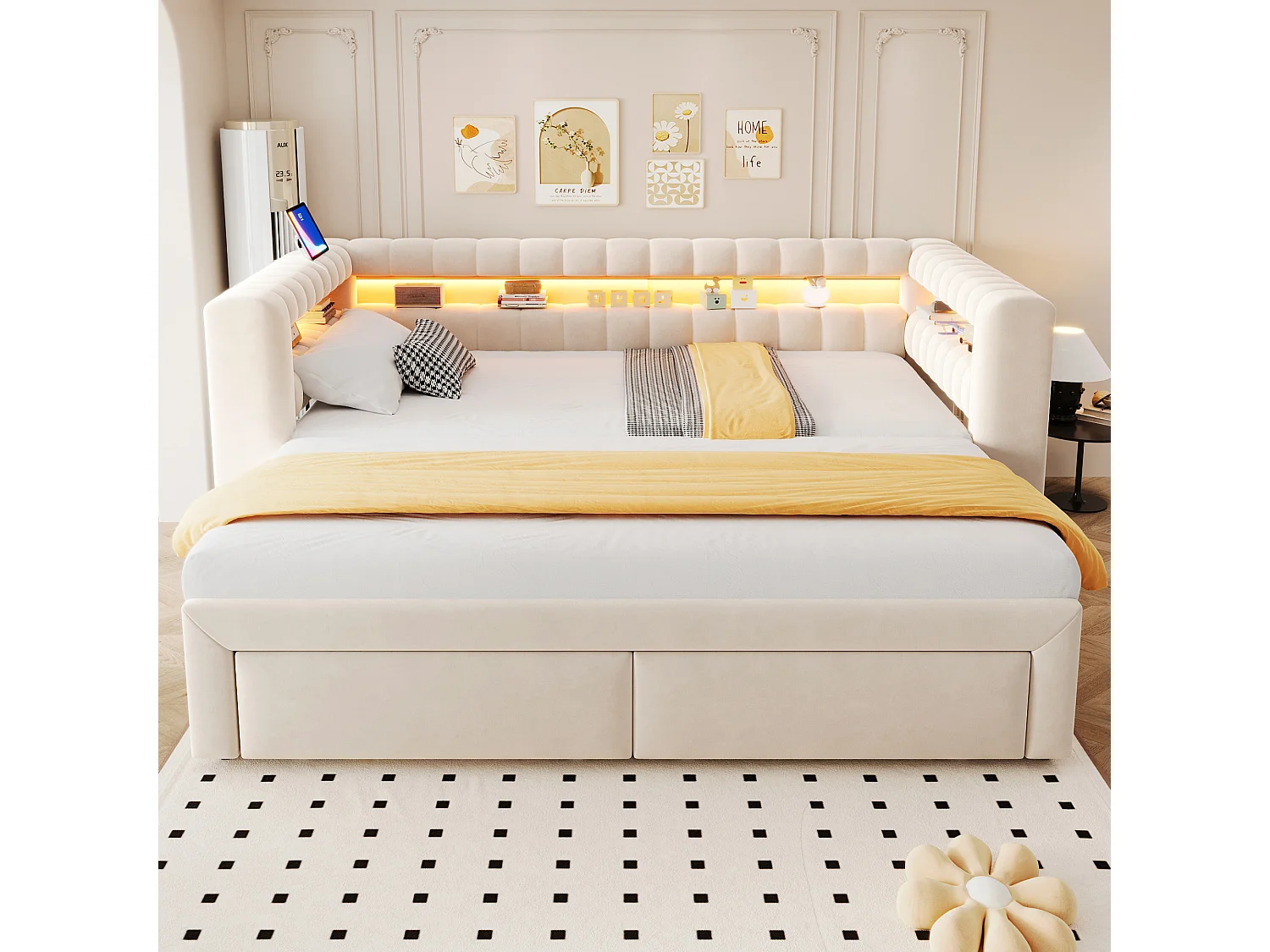 Lit gigogne capitonné 90 x 190 cm extensible 180 x 190 cm avec rangement, LED et ports USB - Velours + MDF - Beige (Sans matelas)