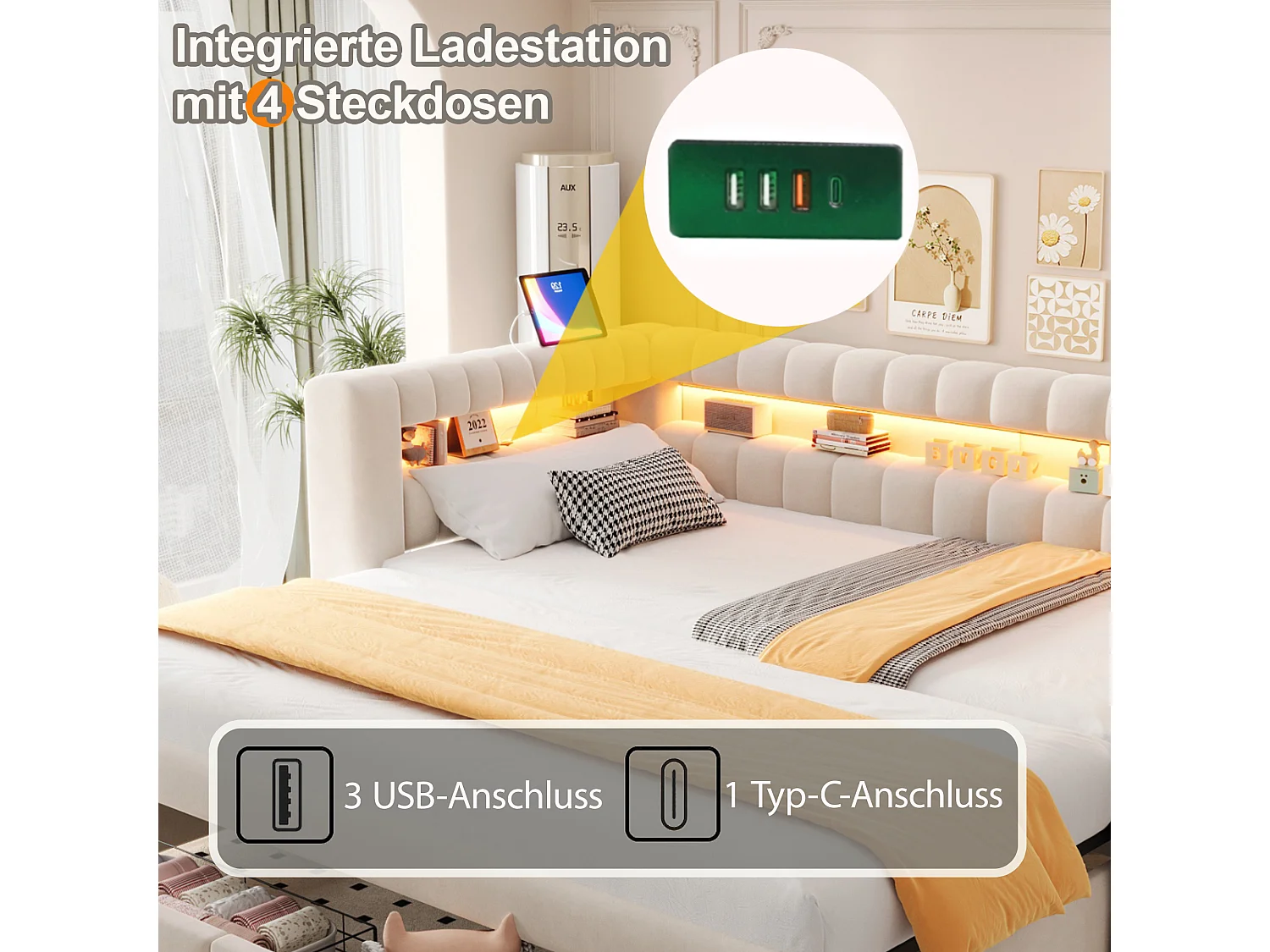 Lit gigogne capitonné 90 x 190 cm extensible 180 x 190 cm avec rangement, LED et ports USB - Velours + MDF - Beige (Sans matelas)