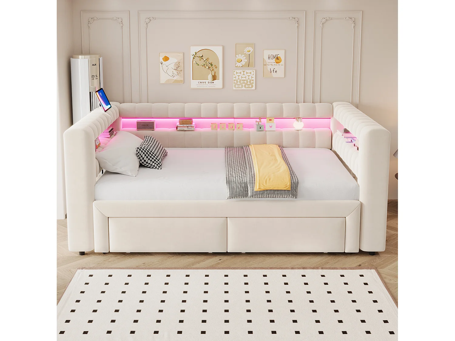 Lit gigogne capitonné 90 x 190 cm extensible 180 x 190 cm avec rangement, LED et ports USB - Velours + MDF - Beige (Sans matelas)