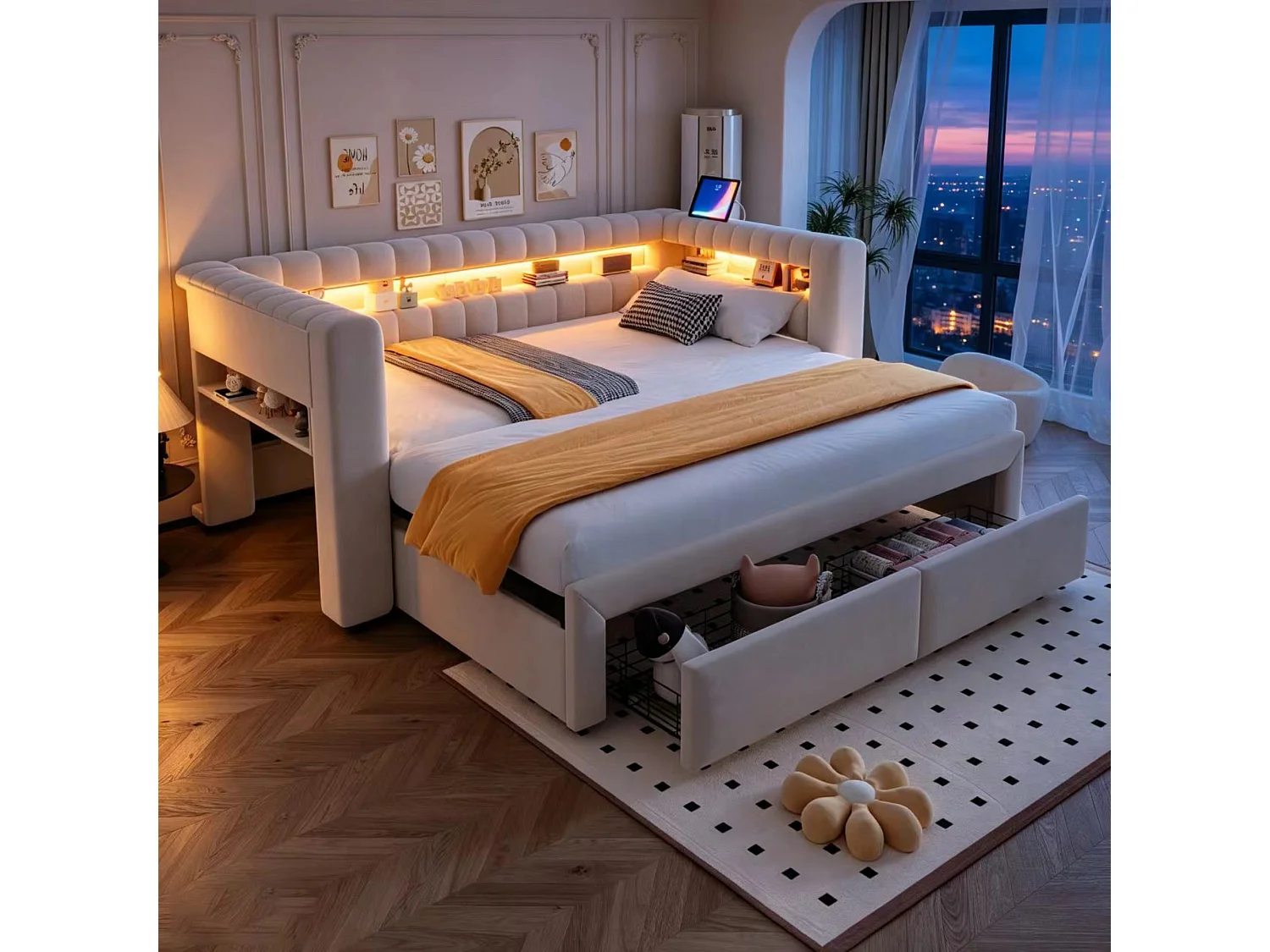 Lit gigogne capitonné 90 x 190 cm extensible 180 x 190 cm avec rangement, LED et ports USB - Velours + MDF - Beige (Sans matelas)