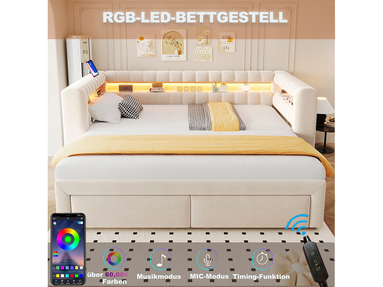 Lit gigogne capitonné 90 x 190 cm extensible 180 x 190 cm avec rangement, LED et ports USB - Velours + MDF - Beige (Sans matelas)