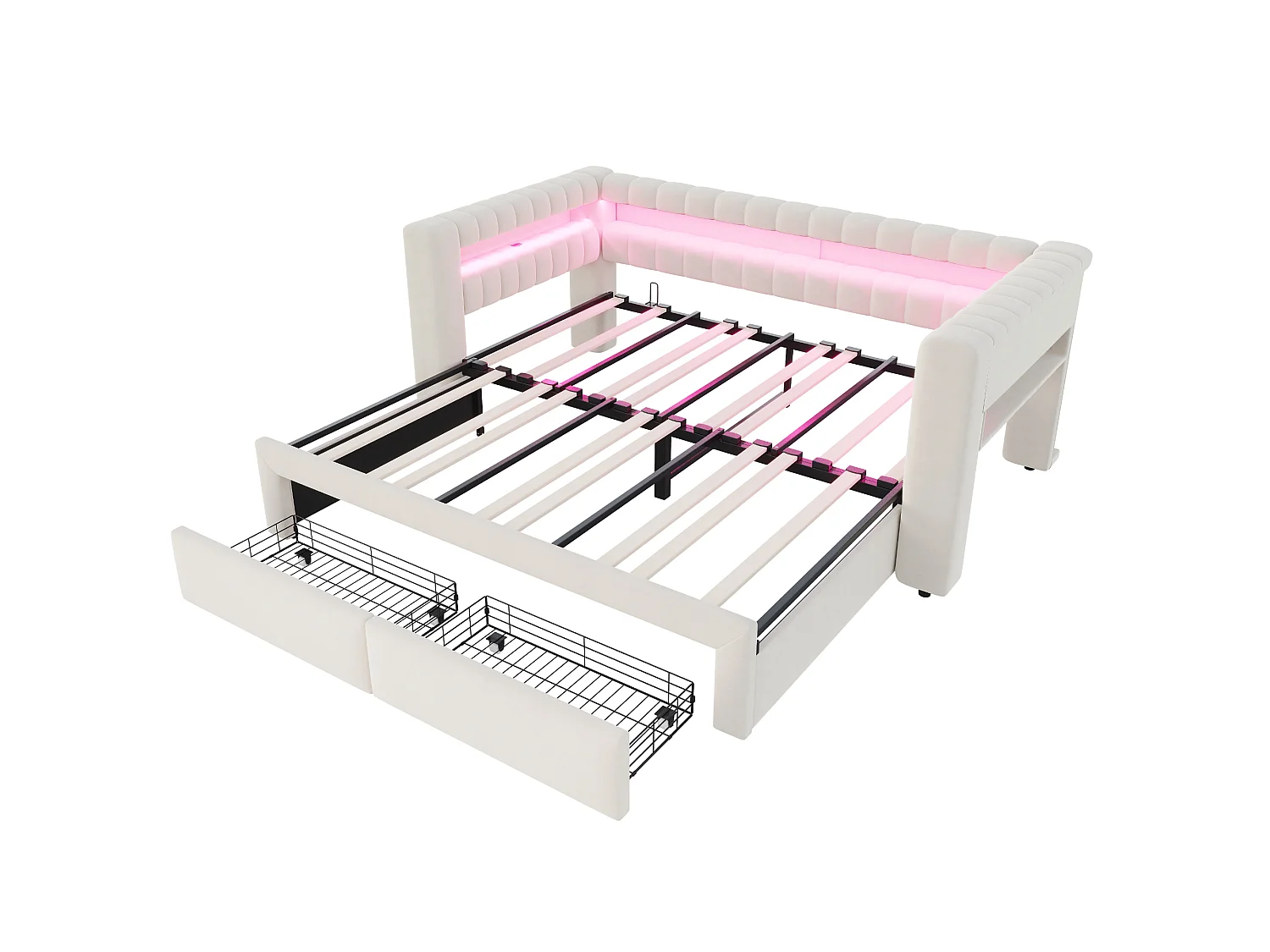Lit gigogne capitonné 90 x 190 cm extensible 180 x 190 cm avec rangement, LED et ports USB - Velours + MDF - Beige (Sans matelas)