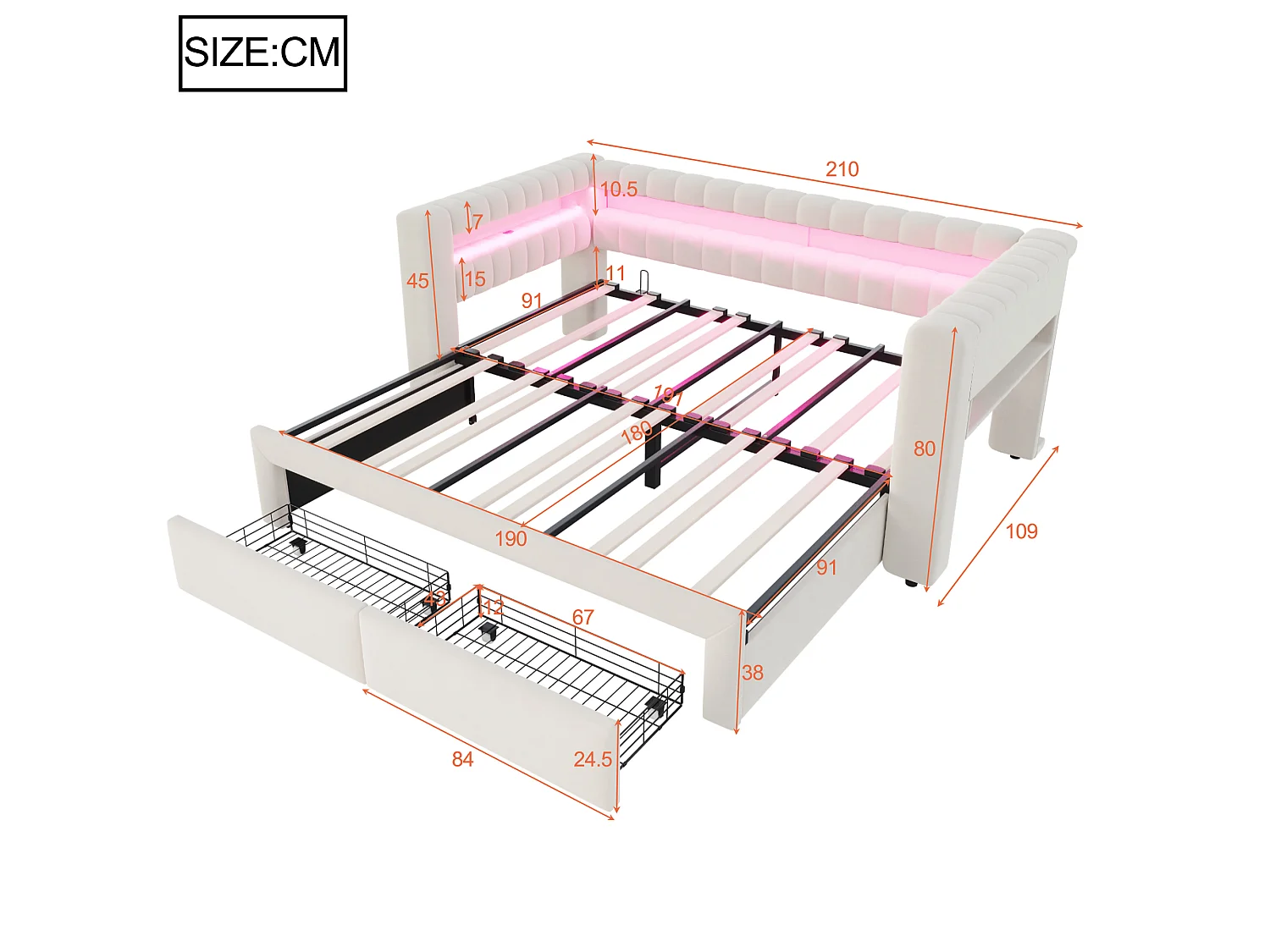 Lit gigogne capitonné 90 x 190 cm extensible 180 x 190 cm avec rangement, LED et ports USB - Velours + MDF - Beige (Sans matelas)