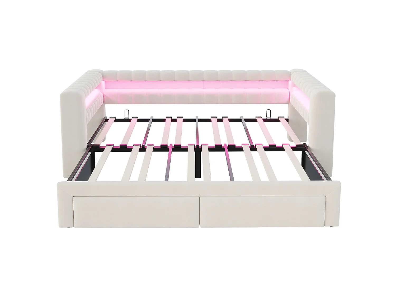 Lit gigogne capitonné 90 x 190 cm extensible 180 x 190 cm avec rangement, LED et ports USB - Velours + MDF - Beige (Sans matelas)