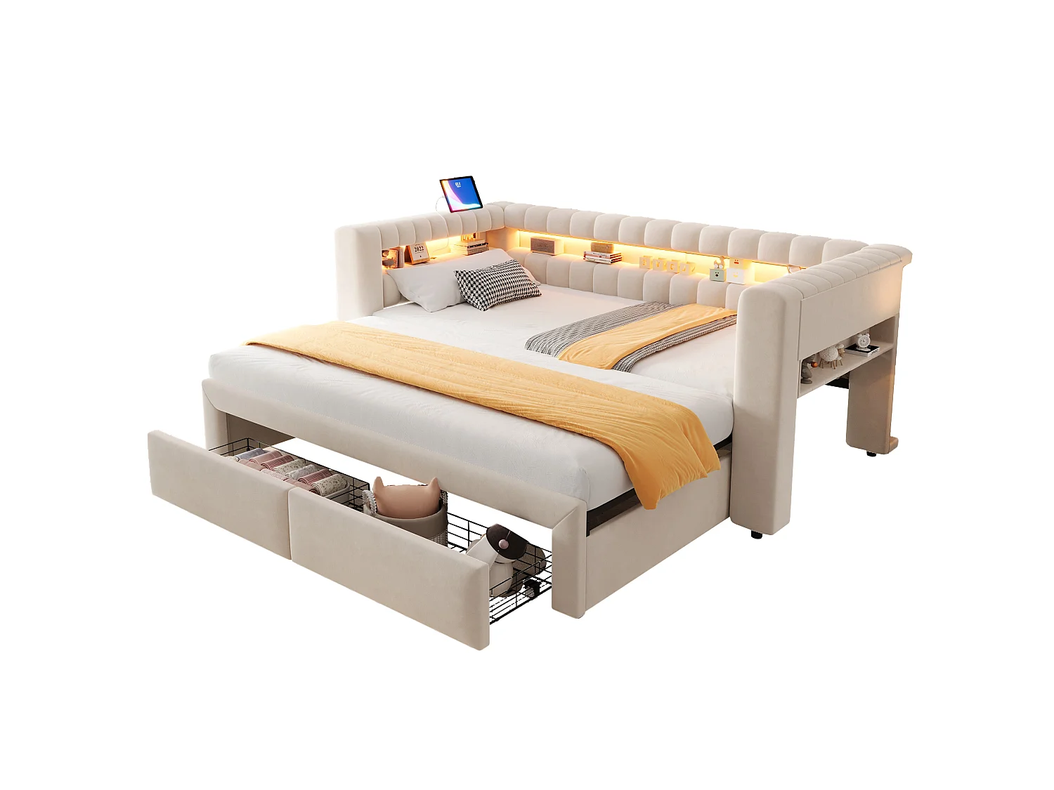 Lit gigogne capitonné 90 x 190 cm extensible 180 x 190 cm avec rangement, LED et ports USB - Velours + MDF - Beige (Sans matelas)